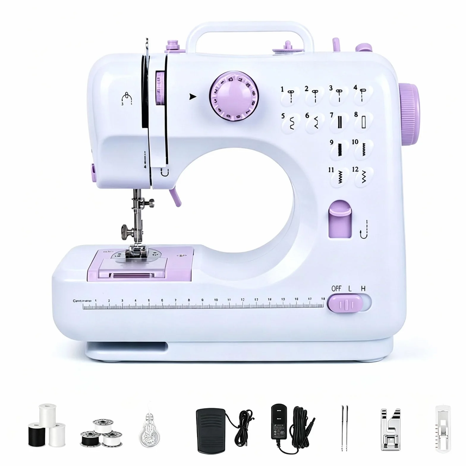 Máquina de coser portátil for principiantes, 12 puntadas incorporadas | Potencia de perforación mejorada con luz LED, pedal, función inversa y cajón de almacenamiento