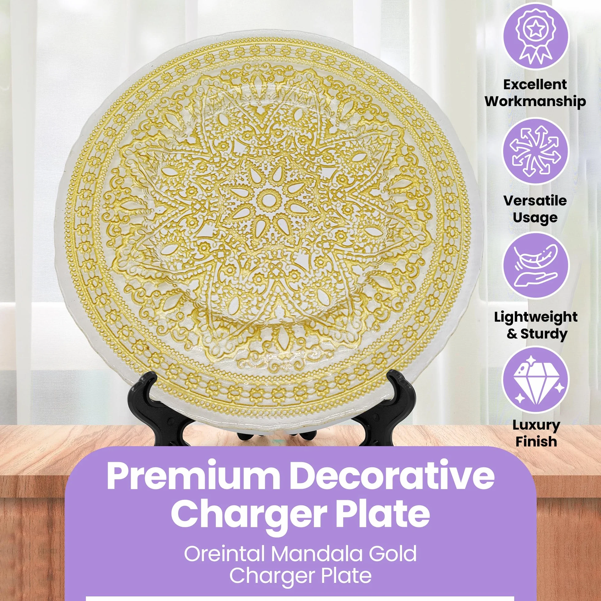 Elegantes platos de carga con diseño de flor de mandala dorada, 33 cm, elegantes platos inferiores para bodas, fiestas, aniversarios, cumpleaños, vajilla, eventos de catering y eventos especiales, 6