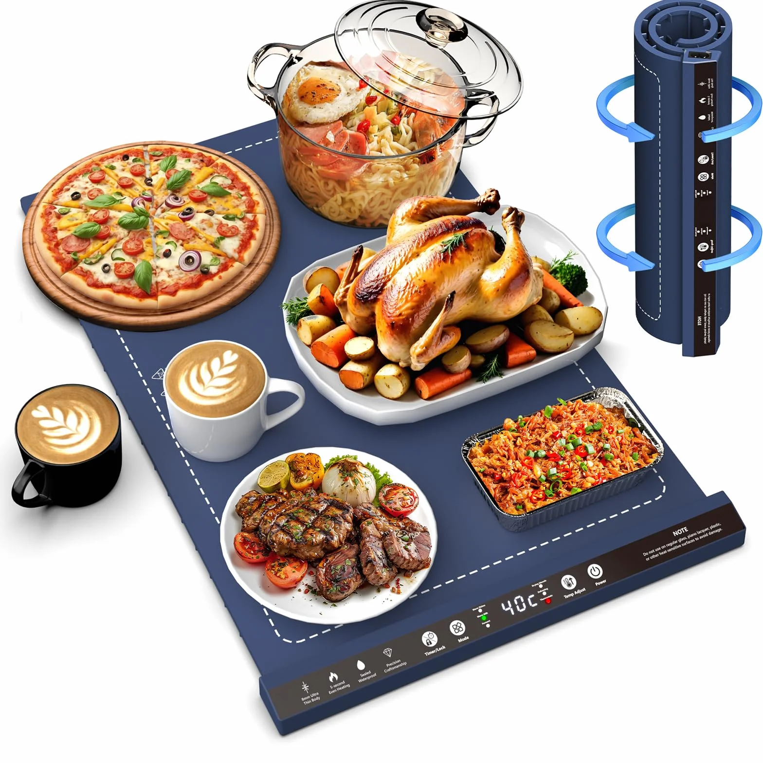 Grande Bandeja Calentadora Eléctrica, Bandeja Calienta Platos para Alimentos con 8 Ajustes de Temperatura, Bandeja Calentadora para Temporizador de 24 horas, Cerradura de Seguridad