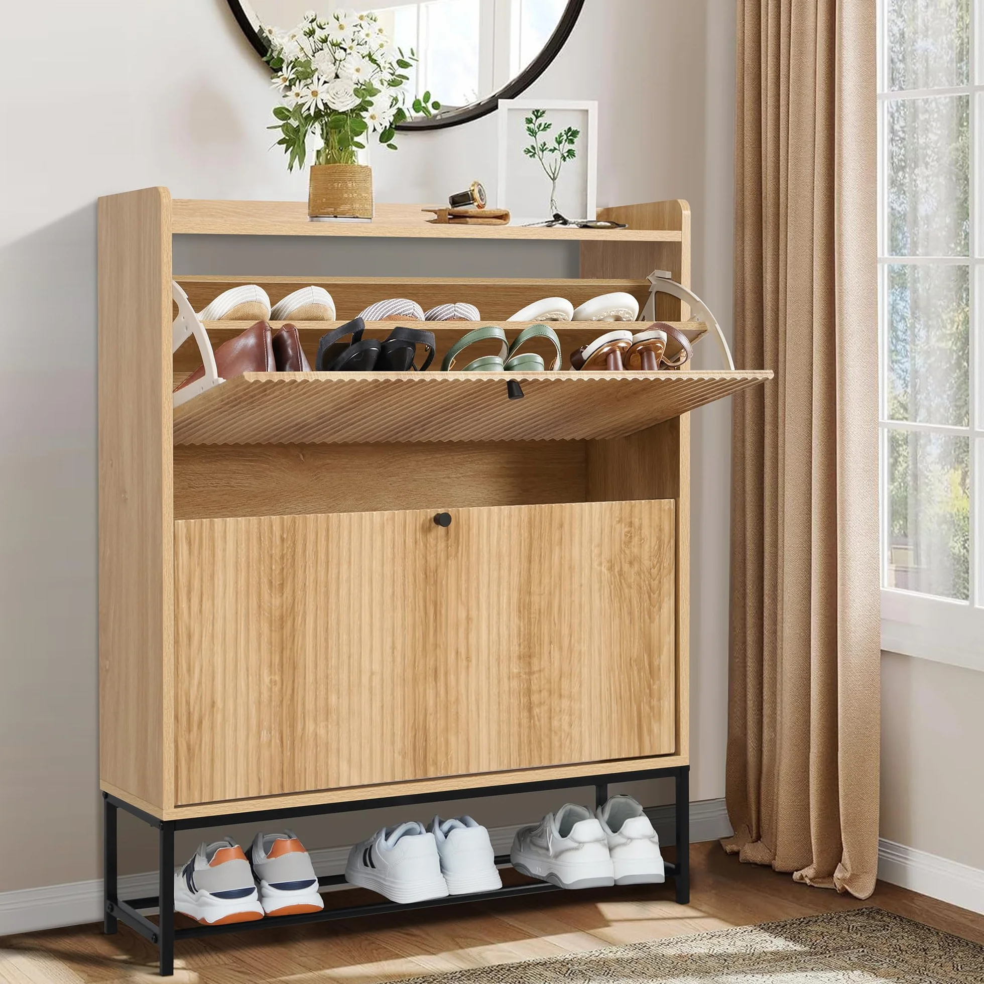 Pattern Shoe Cabinet - Organizador de almacenamiento de doble capa, doble puerta, diseño moderno y duradero con estantes ajustables