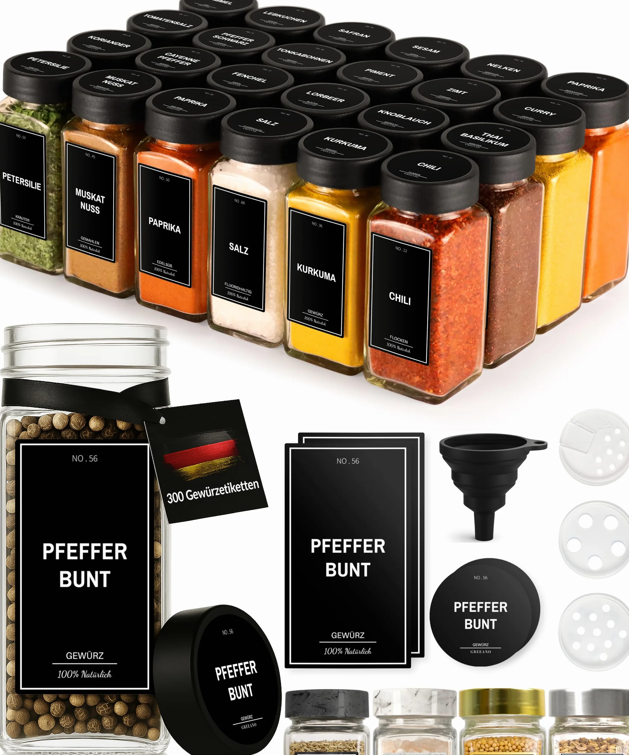 Juego de tarros de especias [24 x 120 ml] con 300 etiquetas [DE] – Almacenamiento de especias con bandeja para esparcir – Tarros de cristal – Tarros de especias – Tarros de especias – Tarros