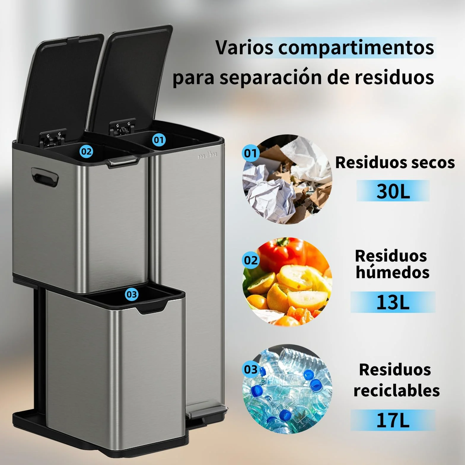mVm Cubo de Basura Cocina de Acero Inoxidable, 3 Compartimentos 60L con Tapa de Cierre Suave, Contenedor Multifuncional para Separación de Residuos en Casa u Oficina, Gris