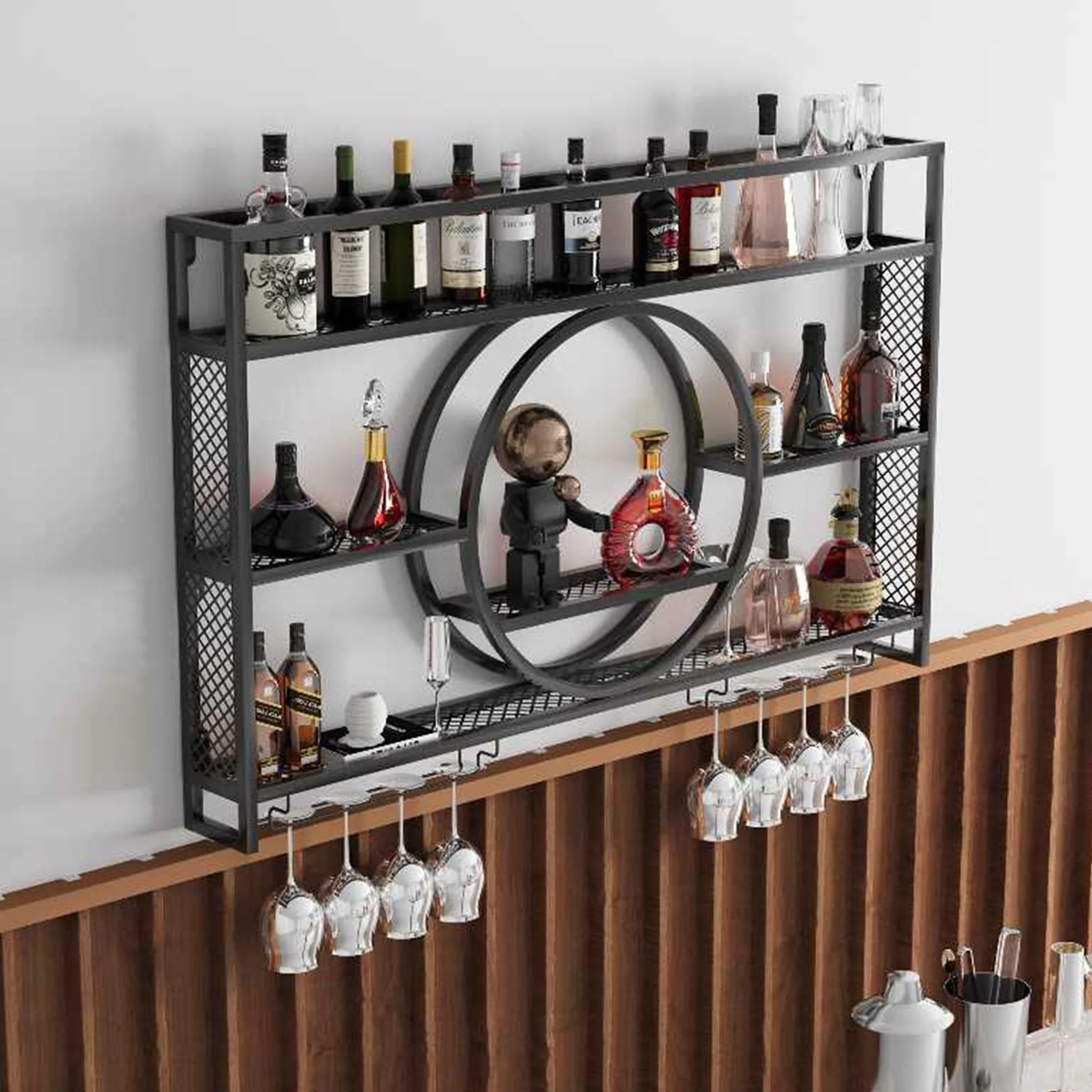 Botellero Vino Pared Mueble Bar Garrafeira de Vino Wine Rack con Soporte Copas Colgante e Luce LED Mini Bar para Casa Barra para Bar Cocina Comedor Sala de Estar(Nero,100cm/39.37in)