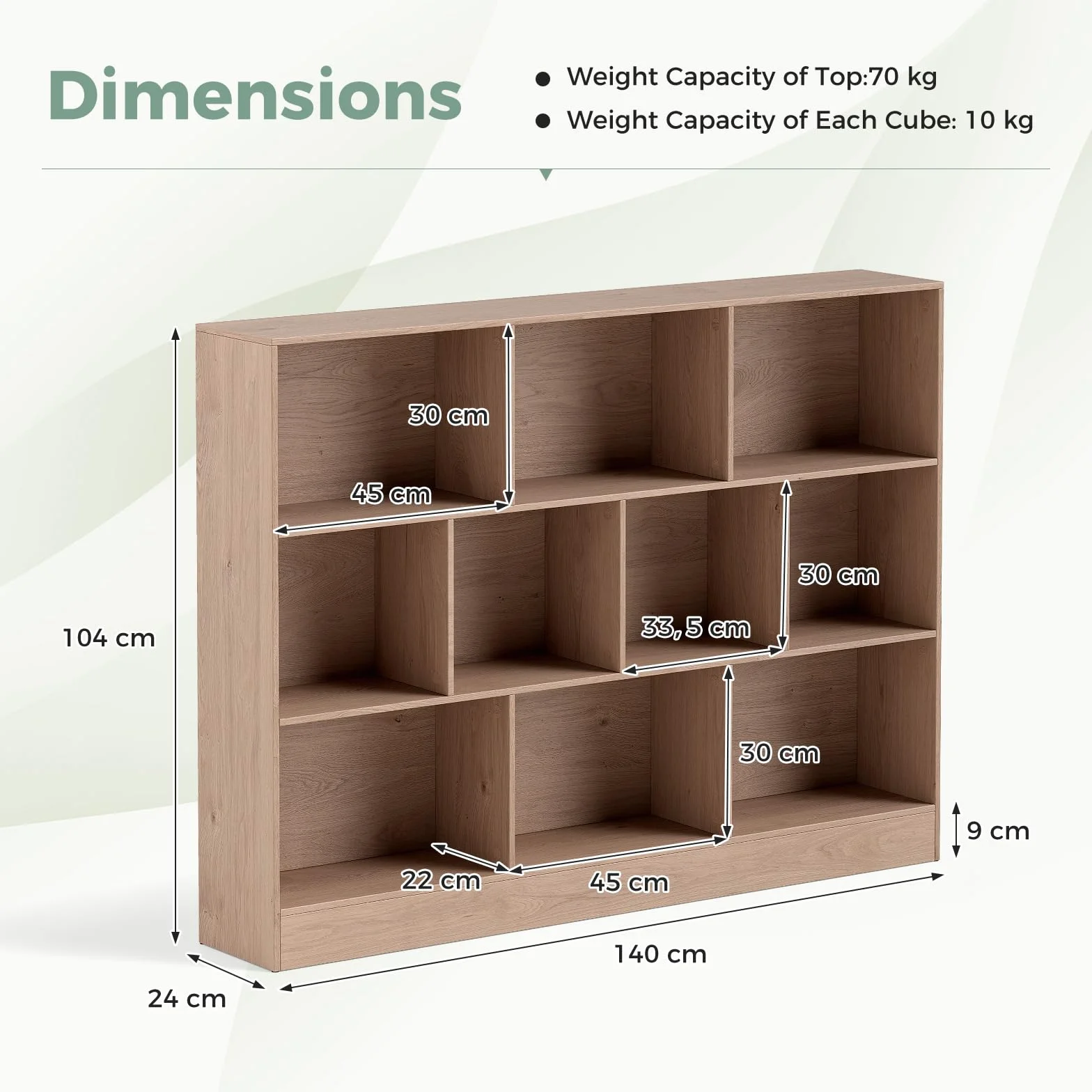 KOMFOTTEU Estantería Abierta con 10 Compartimentos, Librería de 3 Niveles con Dispositivo Antivuelco, Mueble de Almacenamiento para Salón, Oficina (Natural, 140 x 24 x 104 cm)