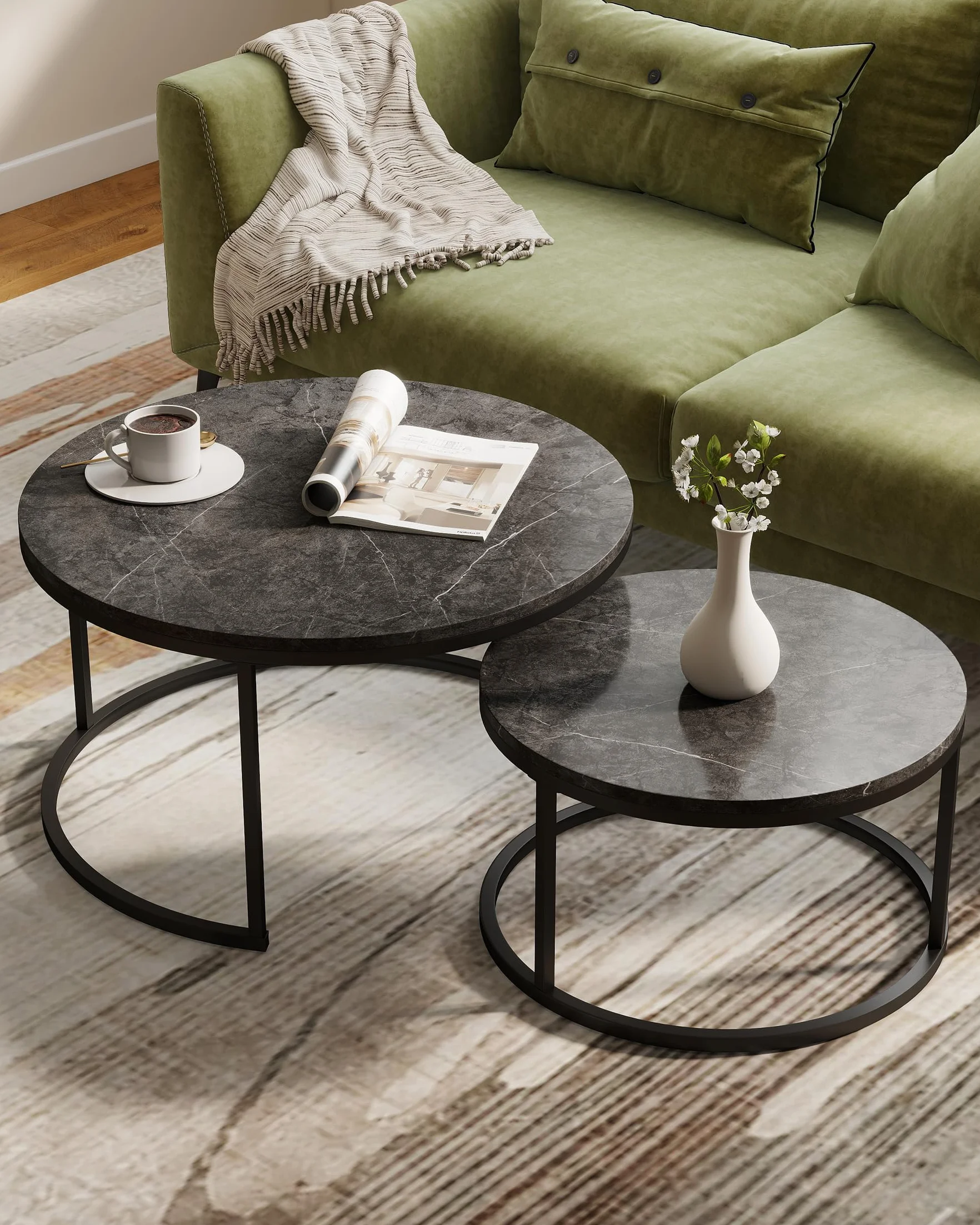 Mesa de Centro Redonda Moderna 2 Piezas 80+60 cm, Mesas Auxiliares para Salón Efecto Mármol Gris y Estructura Metálica Gris Mesa Centro Salon Elegante para Muebles de Salón