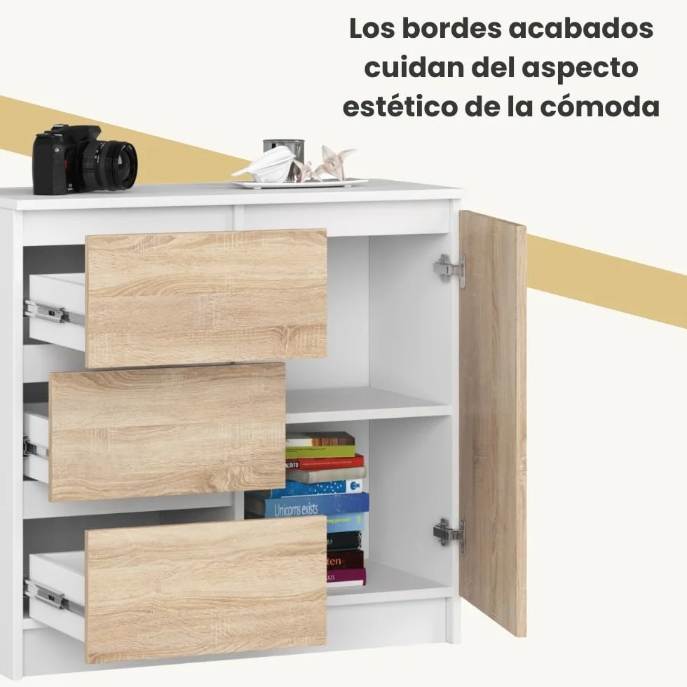 AKORD Cómoda Jerry | Cajonero con 1 Puerta 3 Cajones 2 Estantes | Credenza Alta 80 cm | 80x35x77 cm | Blanco & Roble Sonoma Frente