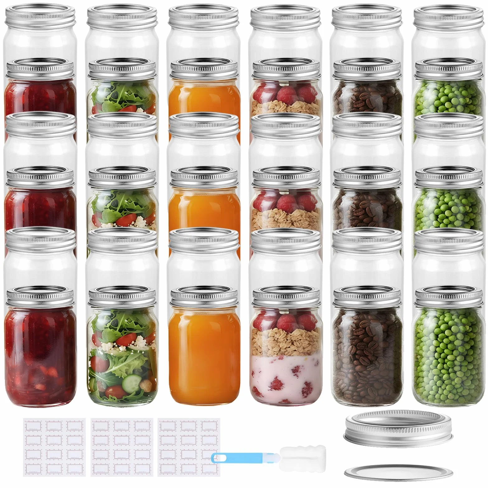 Artist Hand Juego de 36 tarros de conservas de 500 ml con tapa de rosca de dos piezas, tarros de mermelada con etiquetas y cepillo de limpieza, tarros para mermelada, miel, pesto, ocas y suministros