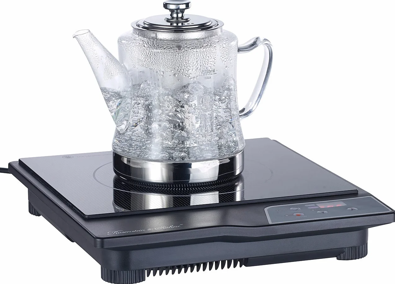 Rosenstein & Söhne Teteras - Tetera: Tetera y tetera de vidrio 2 en 1 para todas las estufas, también inducción, 1,5 l (tetera por Cocina de inducción, Tetera Vaso, apto para inducción)