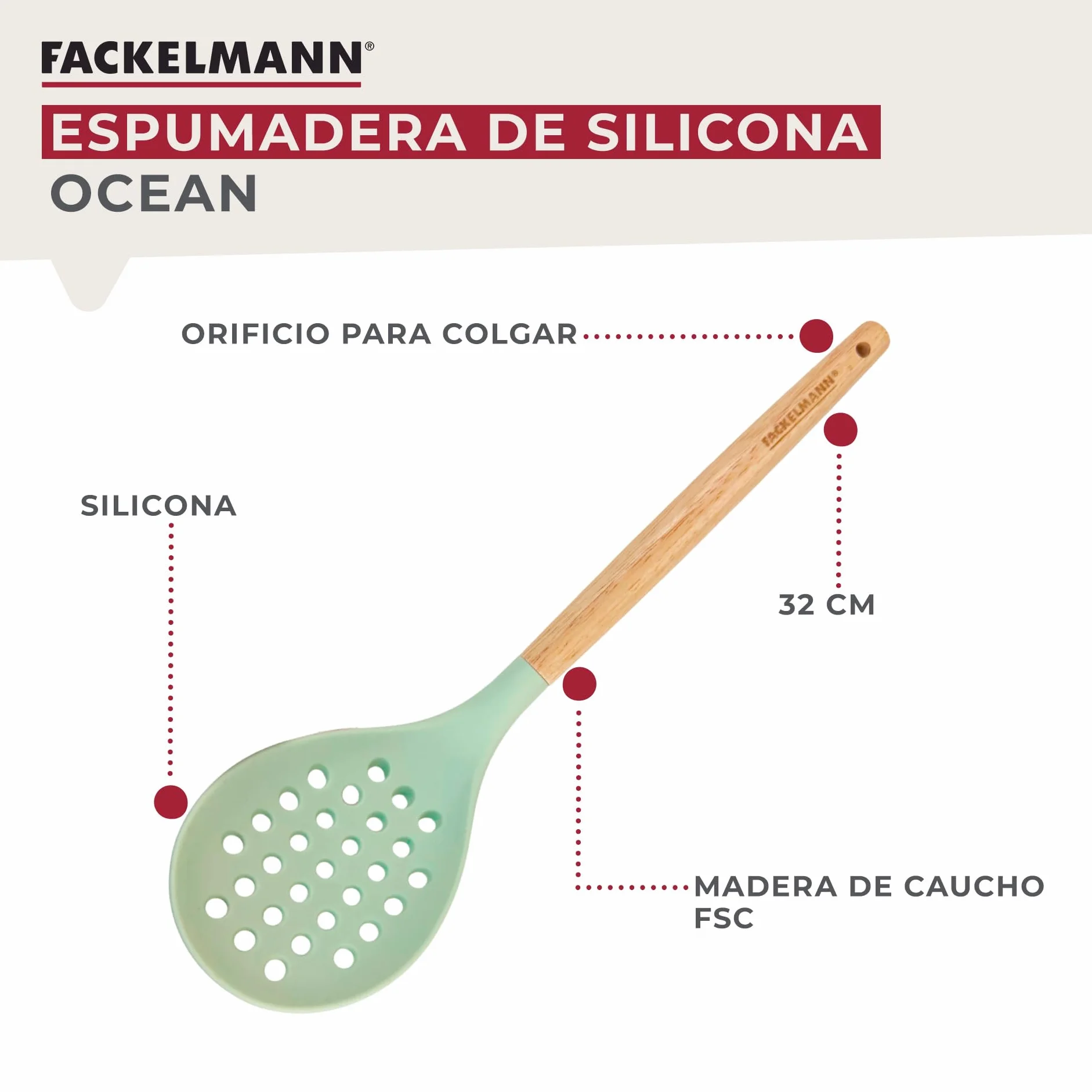 Fackelmann Ocean Espumadera de Silicona con Núcleo Rígido de Acero, Mango de Madera Ergonómico, 32x8 cm, Verde Agua
