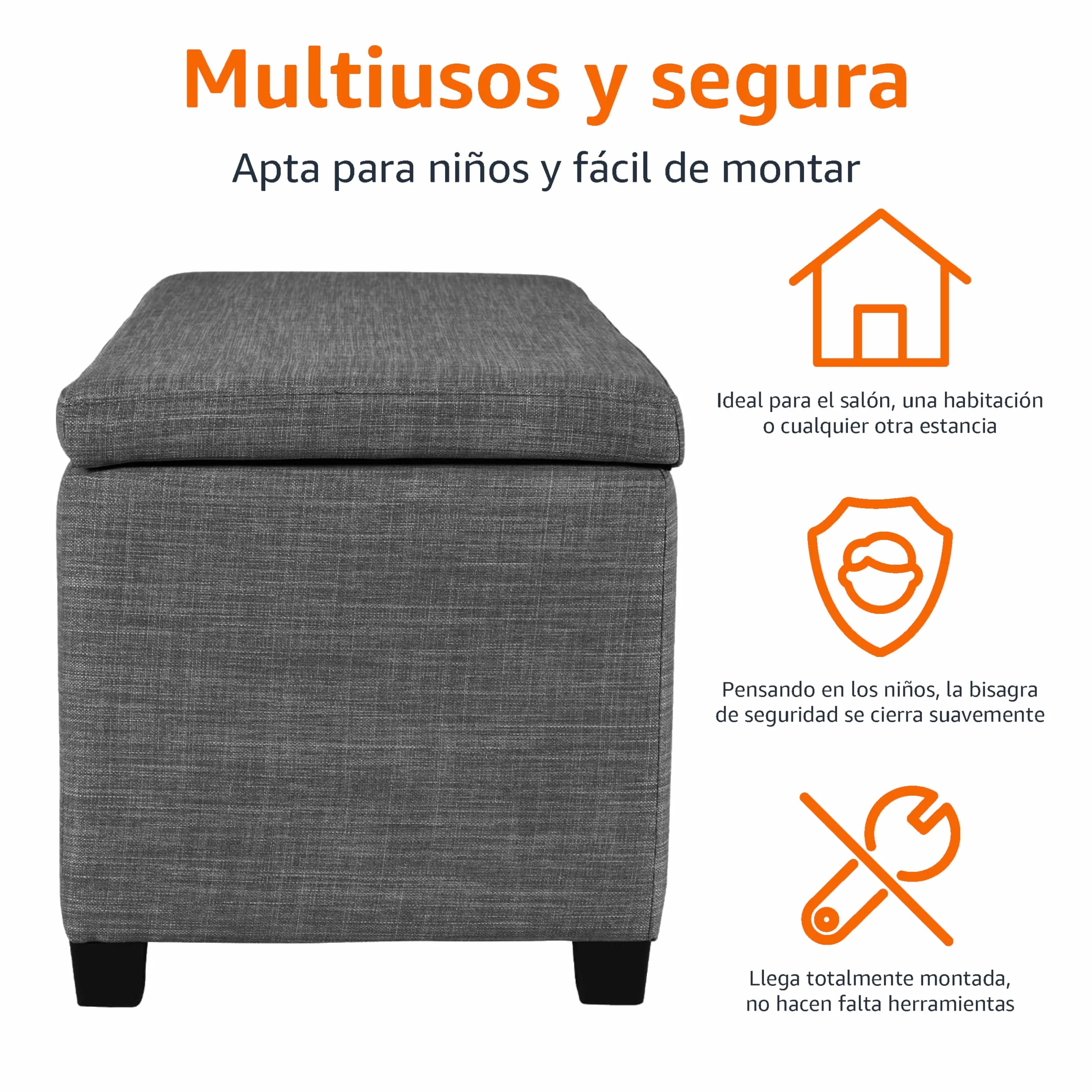 Amazon Basics Banco rectangular acolchado para entrada con almacenamiento, para dormitorio, pasillo, otomana, aspecto de lino, gris oscuro, 42 x 91 x 43 cm