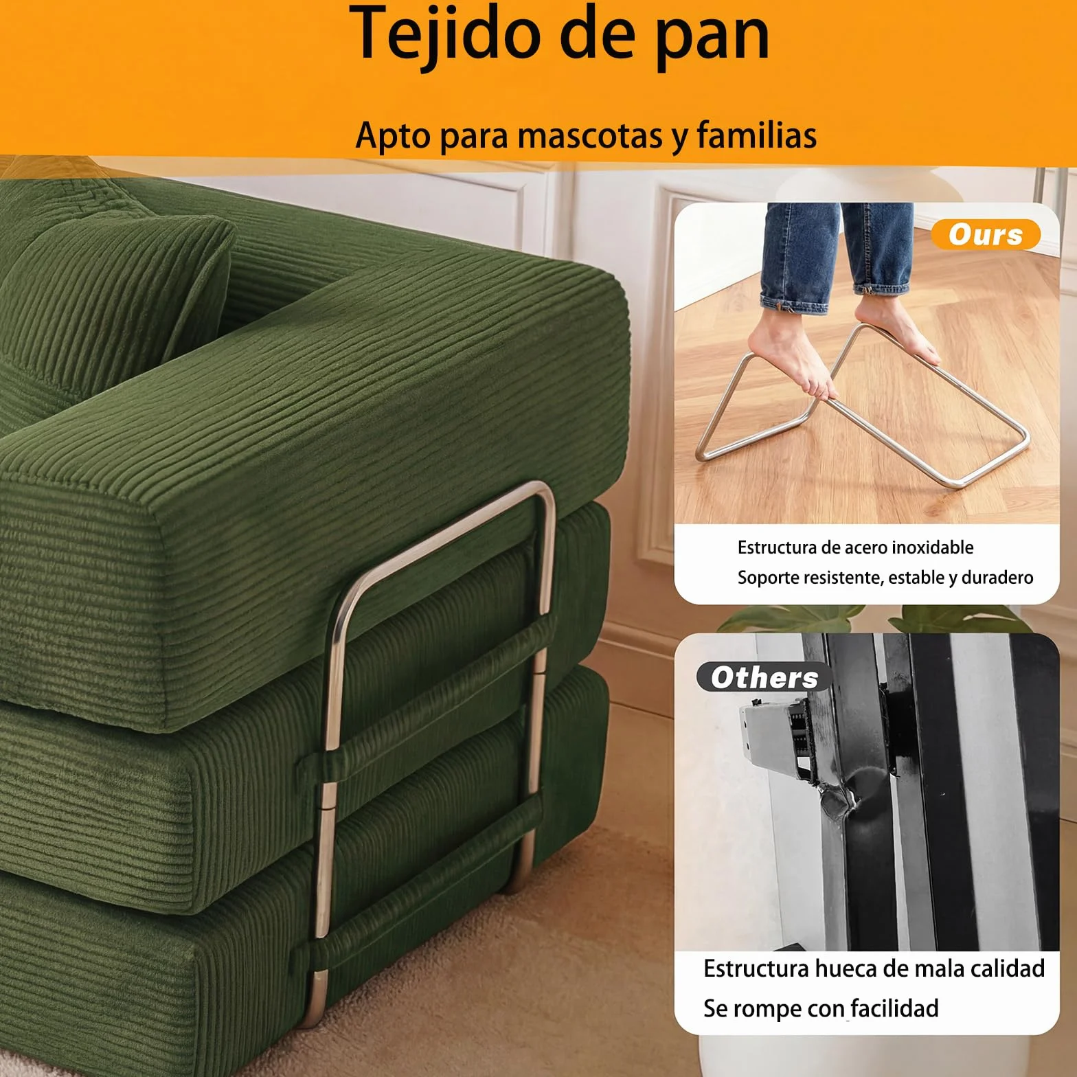 Vipbear 200cm Sofá Cama, Modular Desmontable Plegable 5 en 1,Confeccionado en Pana, Sofá Cama 3 Plazas Ideal para Espacios Reducidos, Verde | Convertible