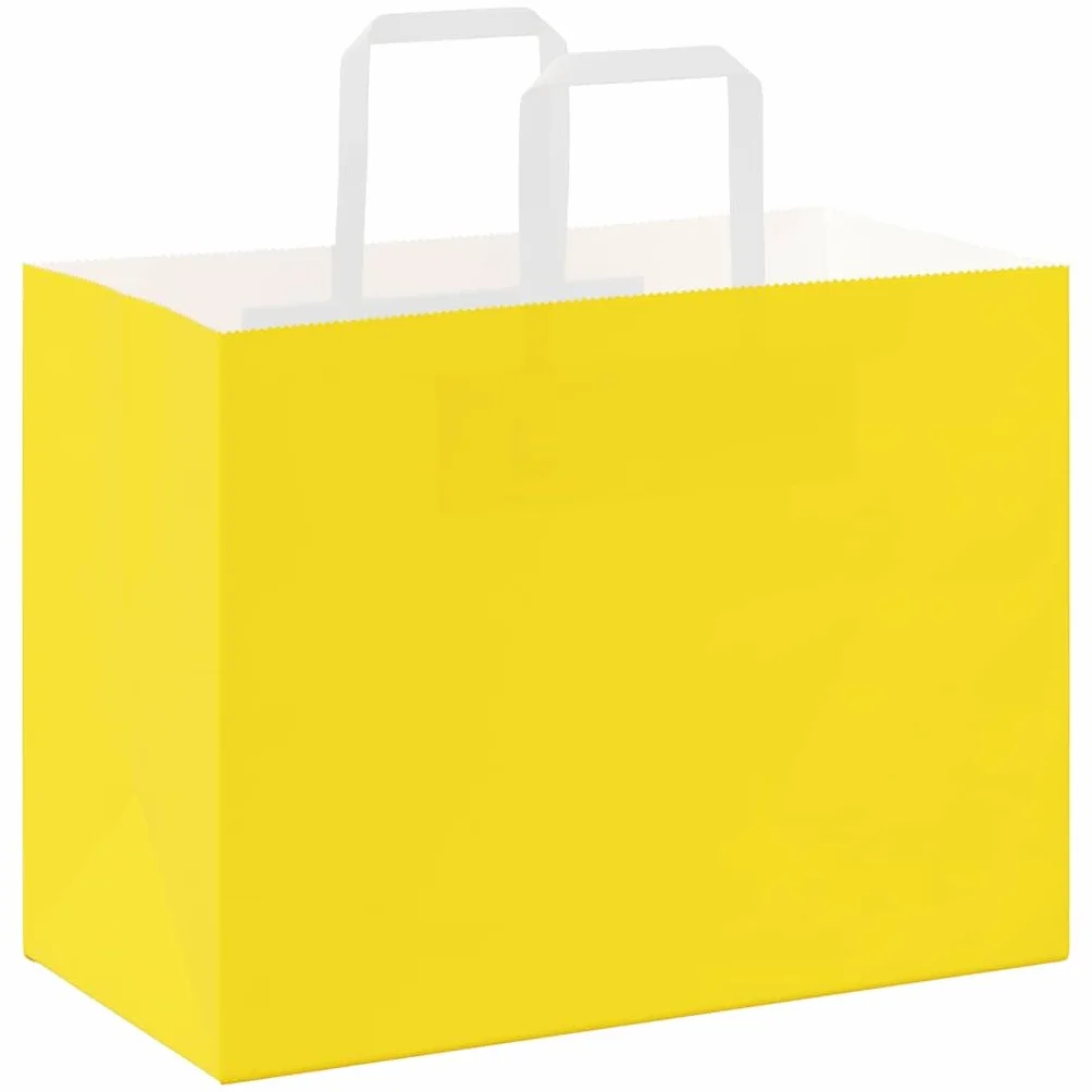 Bolsas de papel amarillo con asas de cuerda de papel, 32 x 17 x 25 cm, 50 unidades, papel de estraza para bolsas de regalo, fiestas, celebraciones, cumpleaños, bodas, Navidad