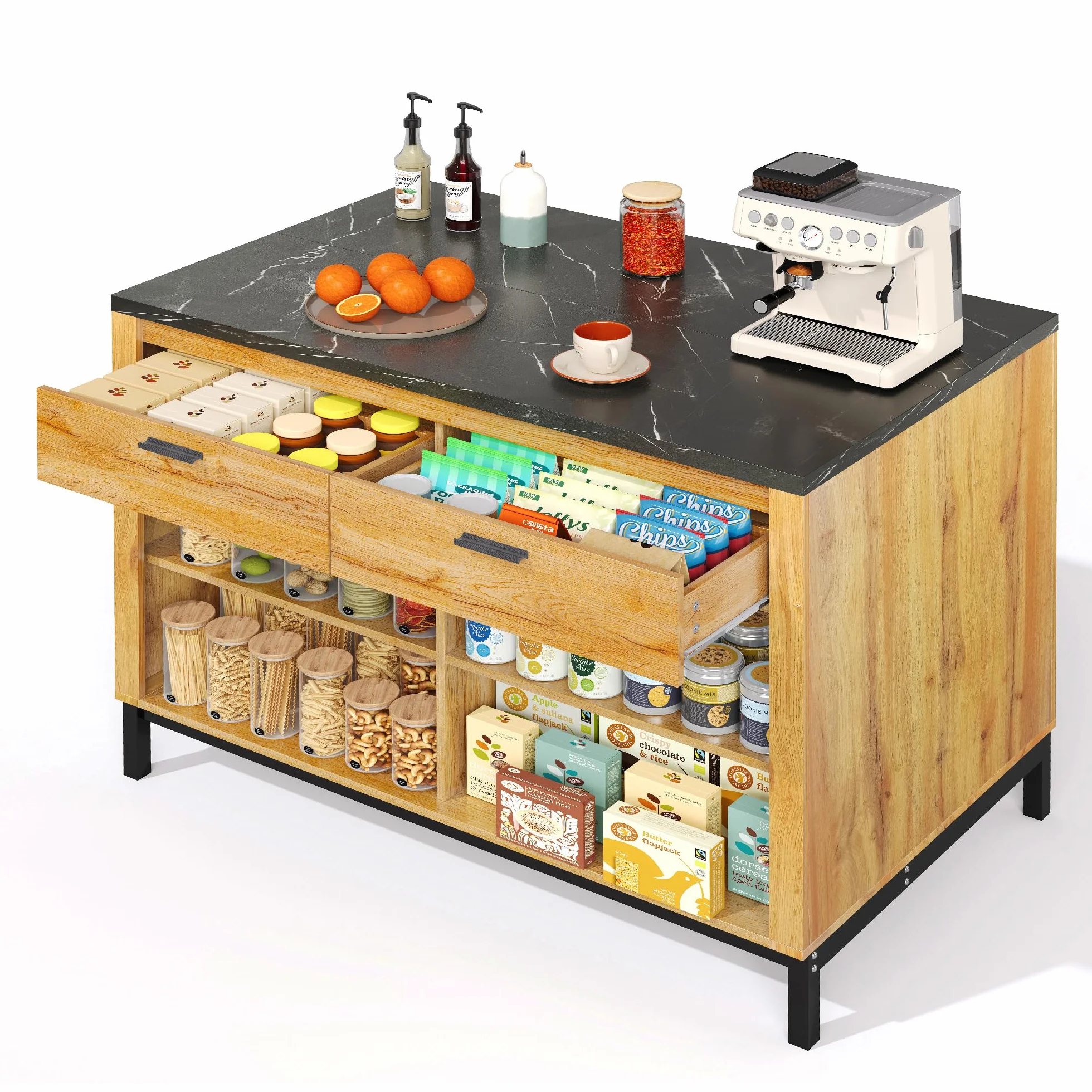 Isla de cocina de estilo rústico – Isla de cocina con 2 cajones y 4 estantes abiertos, grano de roble, encimera de mármol negro, estructura de metal, (120 × 75 × 90 cm)