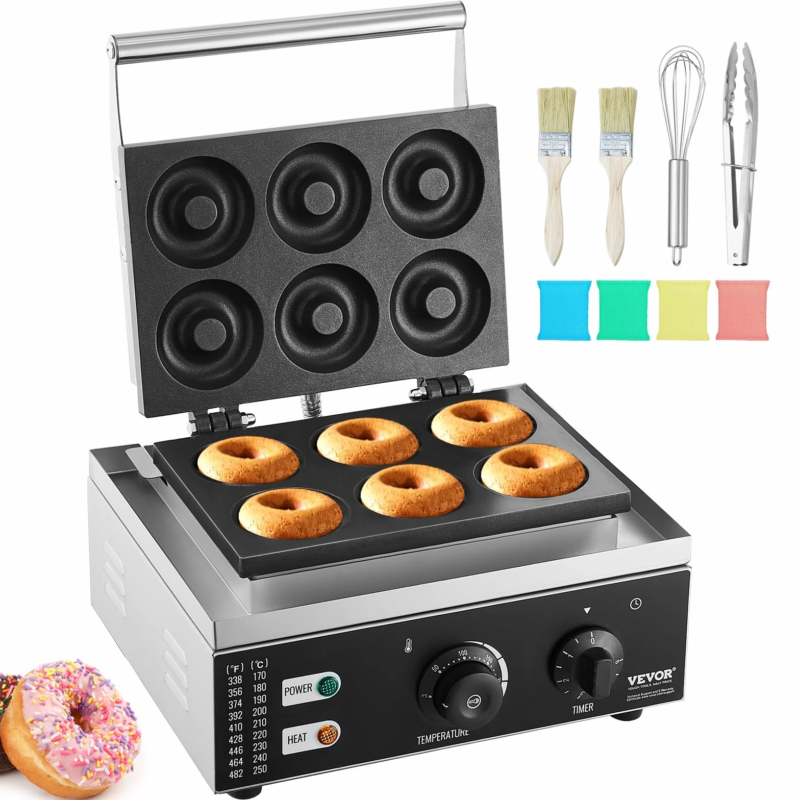 VEVOR Máquina Eléctrica para Hacer Donuts, Máquina Comercial para Donuts de 1550 W con Superficie Antiadherente, Máquina para Gofres con Calentamiento, 50-300 ℃, para Restaurante y Uso Doméstico