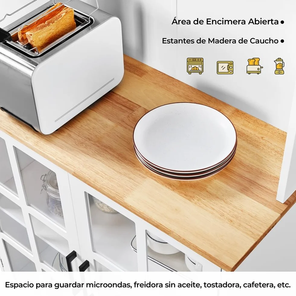 Yaheetech Alacena de Cocina Mueble Buffet Armario con Puertas de Vidrio, Estantes Ajustables 80 x 37 x 183 cm