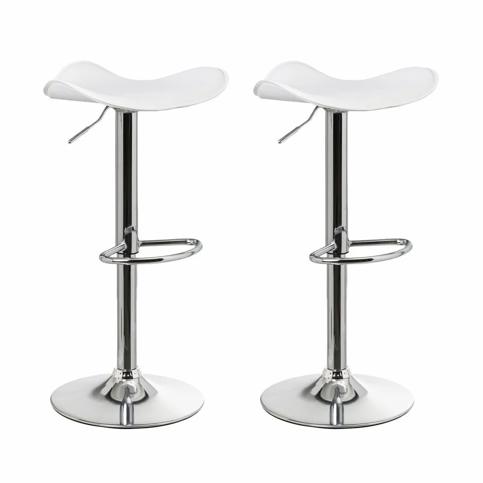 2 taburetes de cocina regulables en altura blancos redondos sin respaldo | Asiento redondo tapizado en polipiel. Sin respaldo. Pie giratorio gris. Altura ajustable de 63 a 83 cm. Resiste hasta 120 kg.