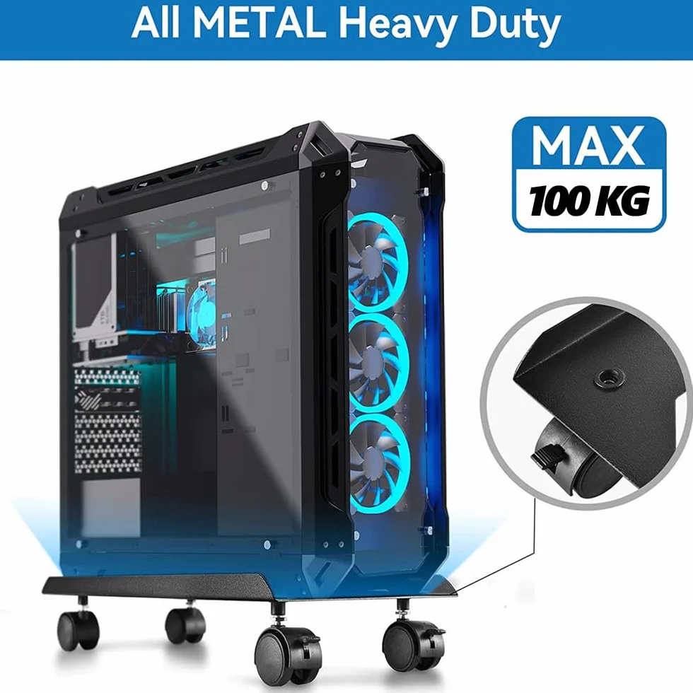 Soporte CPU, Soporte Torre Ordenador con Clips Organizador de Cables Autoadhesivo, Soporte para PC Ajustable Móvil con 4 Ruedas, Negro