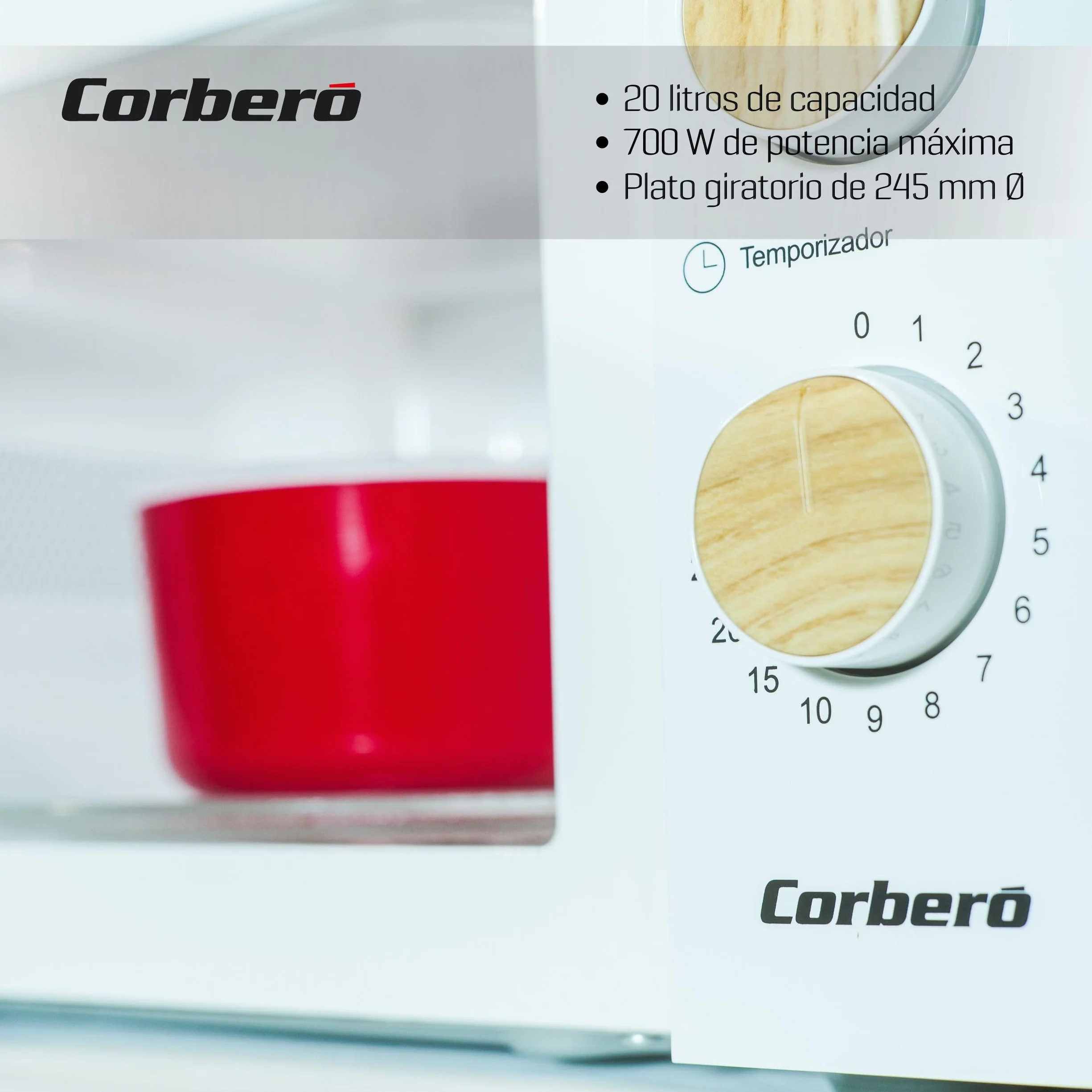 Corberó Microondas 20L 700W Control Mecánico 5 Niveles Temporizador 30 Min Plato Giratorio 245mm Blanco