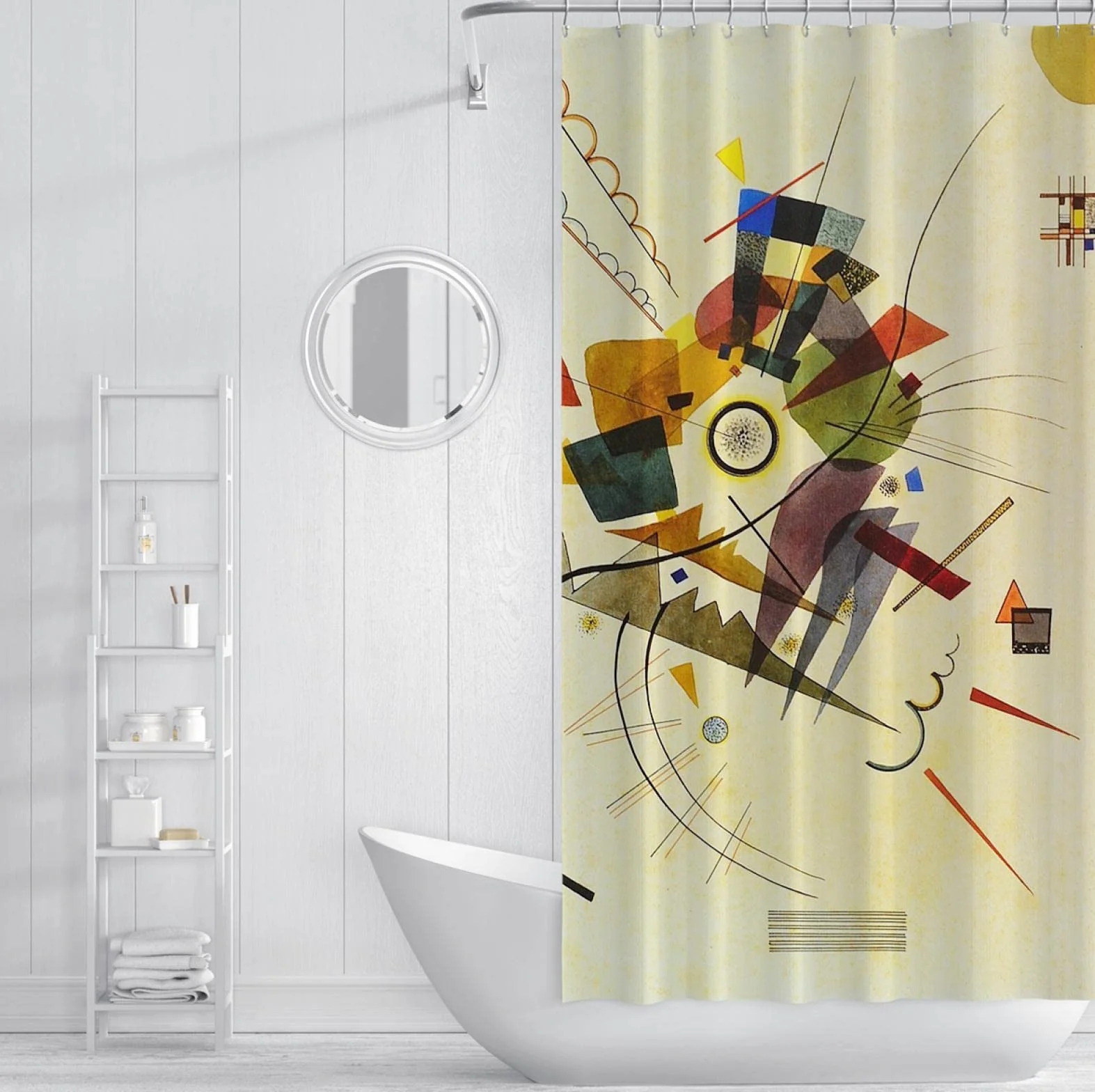 Geometría Cortina de Ducha Amarilla para niños para el baño Artista Pintura Cortina de baño Secado rápido Moderno Cortina de bañera Set con Ganchos