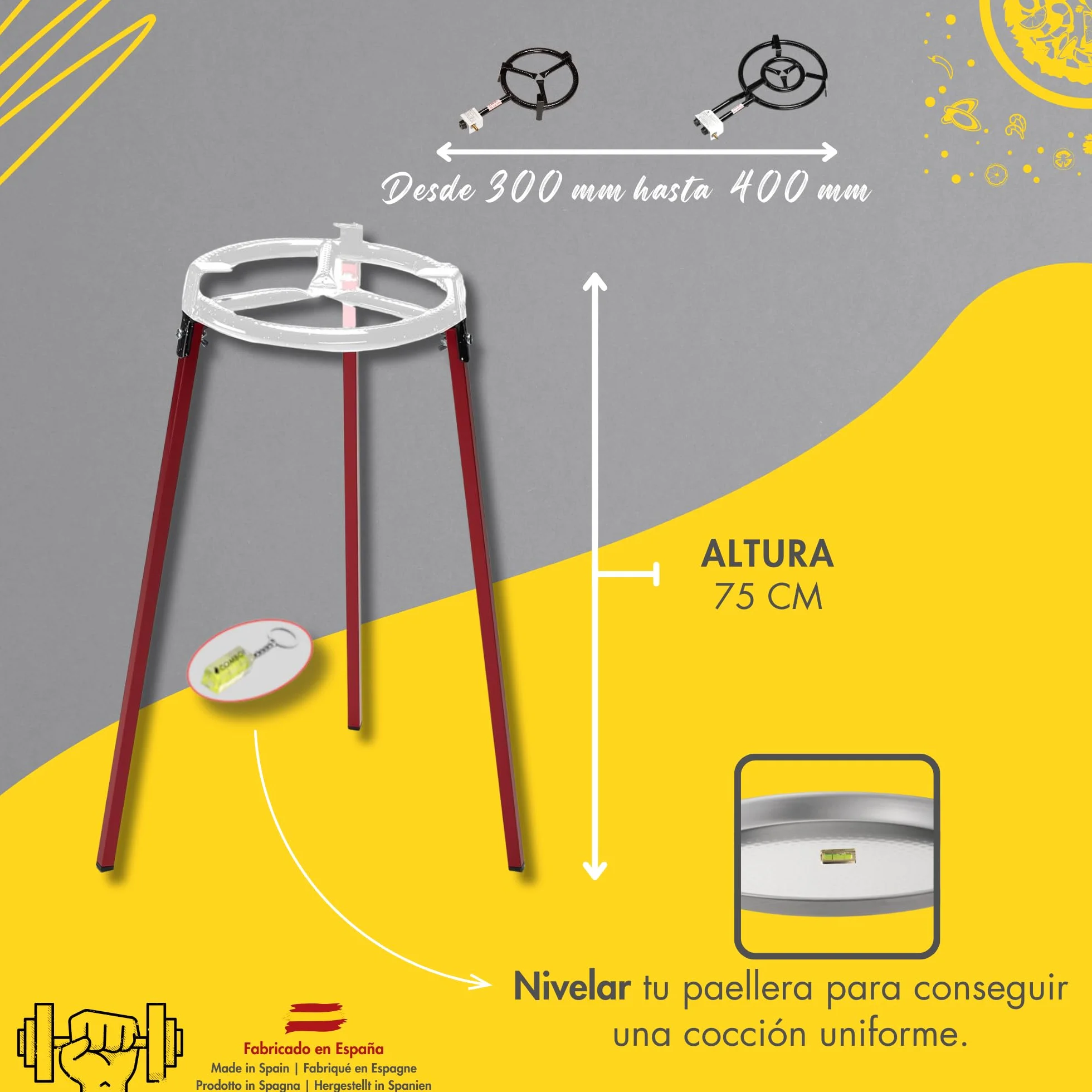 COMBOI Paellero gas butano 40 cm, paellera esmaltada de 46 cm,paella Kit Quemador, Regulador de gas, Manguera, Patas Soporte, nivel, delantal, Libro de Recetas digital