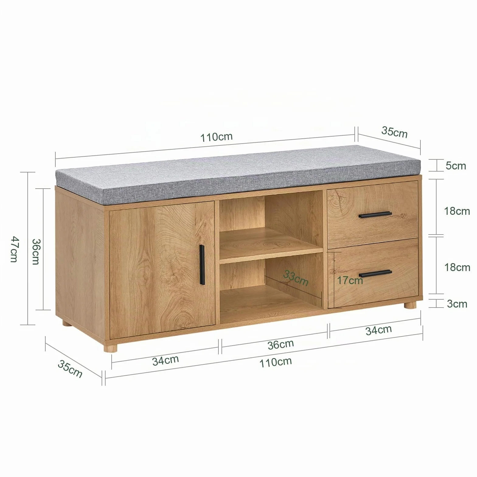 SoBuy Banco Zapatero Banco de Almacenamiento con 1 Puerta 2 Cajones y 2 Estantes Abiertos 110 x 35 x 47 cm FSR148-N ES