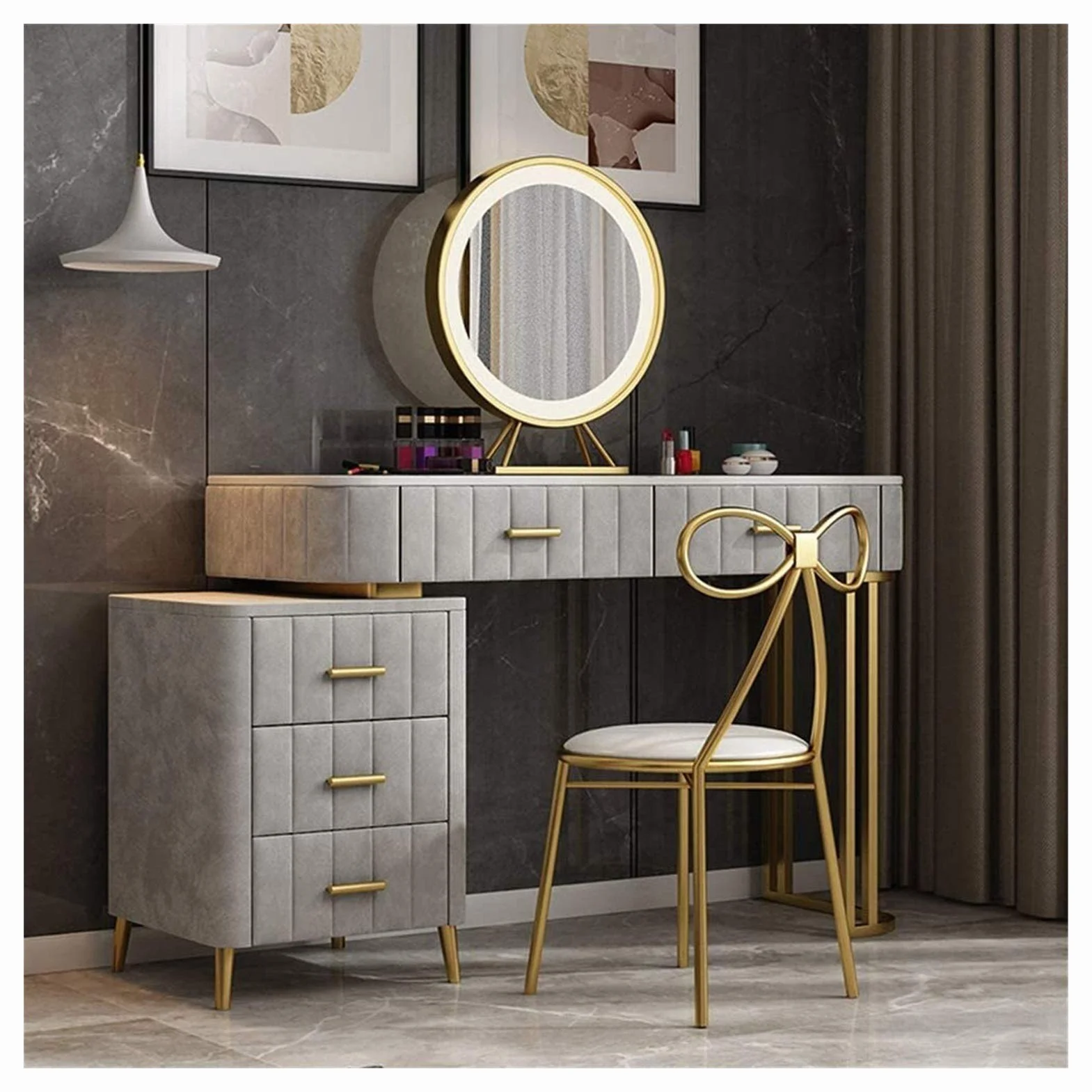 Juego de tocador de maquillaje iluminado con espejo, 2 cajones y taburete acolchado, elegante tocador gris para dormitorio, control táctil, diseño moderno para ella