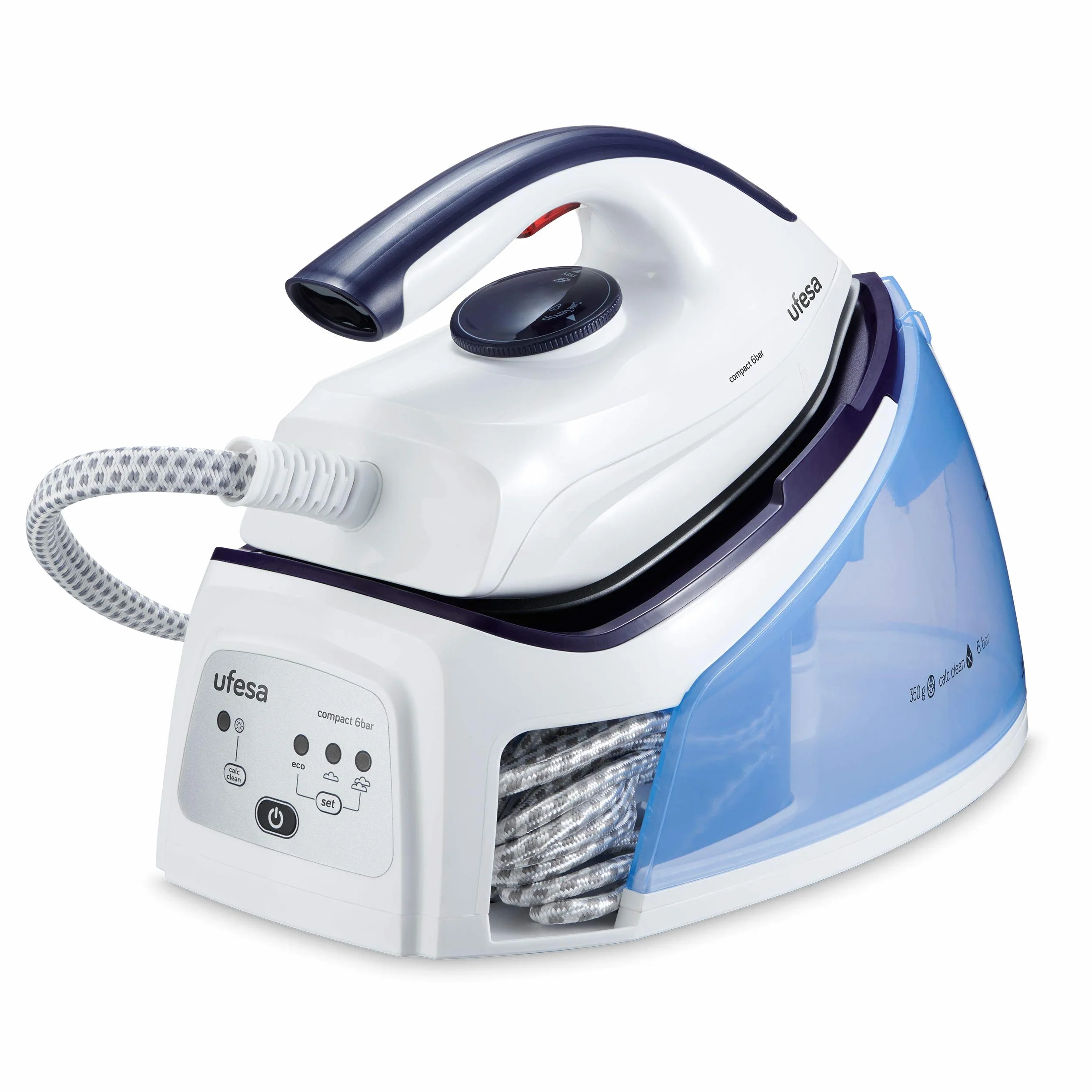 Ufesa PL2450 Centro de Planchado Compacto, 2400W, 6 Bares, Golpe de Vapor Max 350gr y Constante 0-120 gr /min, Suela Cerámica, Temperatura CareTemp, Sistema Antical sin Consumibles