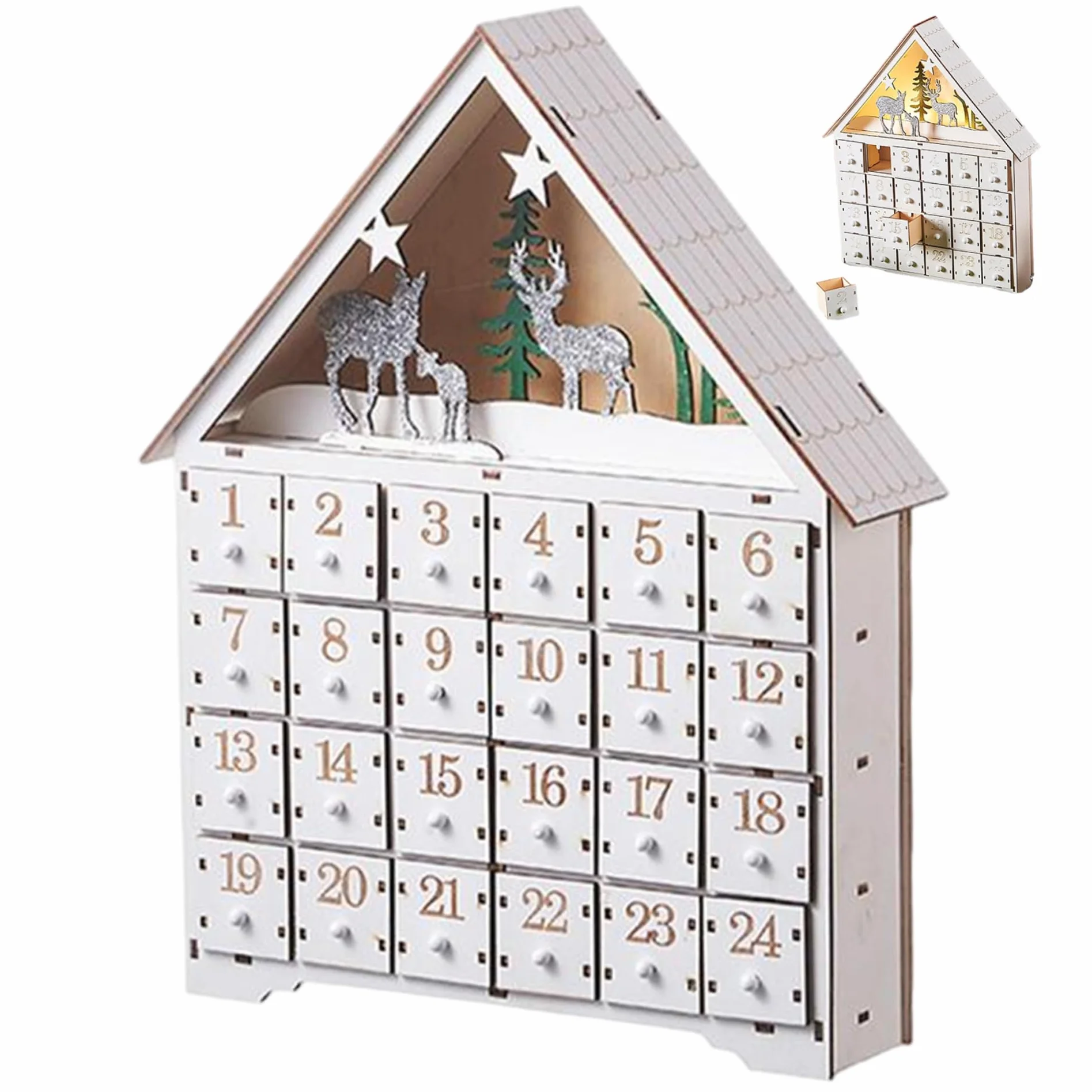 Calendario de Adviento de madera con cajones y luces LED cuenta regresiva de 24 días calendarios de Adviento vacíos pa