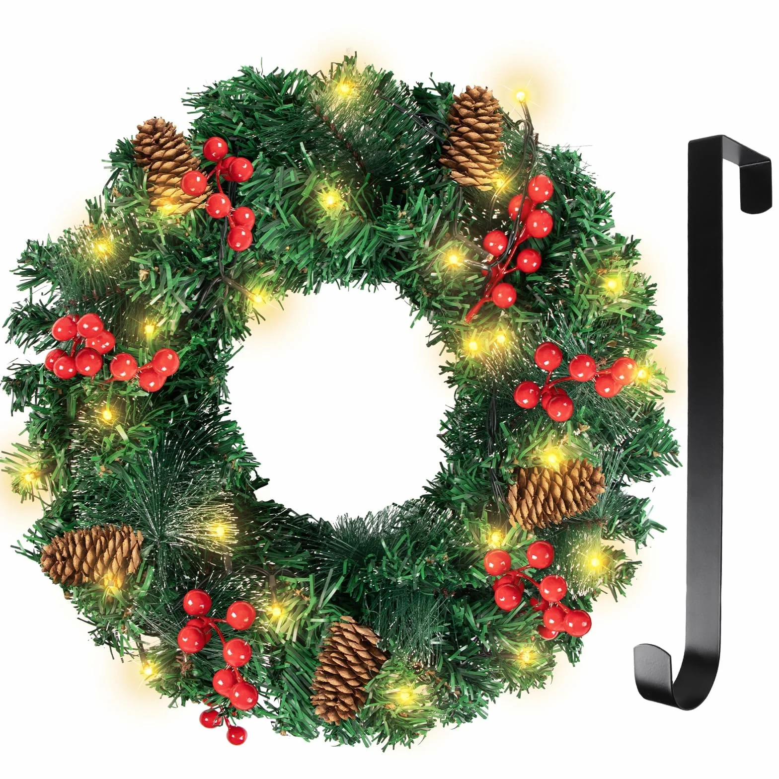 16in Corona Navidad Puerta Grande con 40LED Luces, Guirnalda Navidad Verde con piñas y Frutos Rojos, Artificial Corona Navideña Decoración Navidad para Puerta, Chimenea, Pared, Ventana