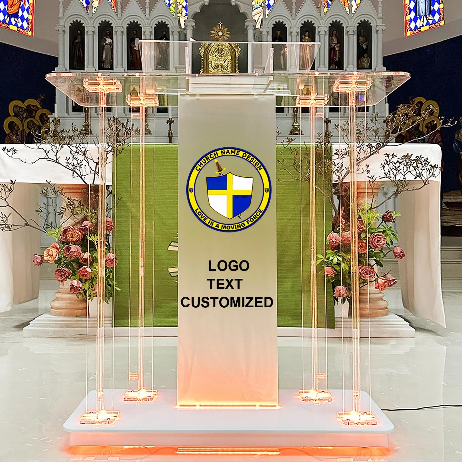 Púlpito de iglesia, 118,5cm Atril acrílico transparente con ruedas, Atril cilíndrico atril transparente con plataforma de lectura vertical para iglesias,118,5cm x 90cm x 45 cm (1, Personalizado A)