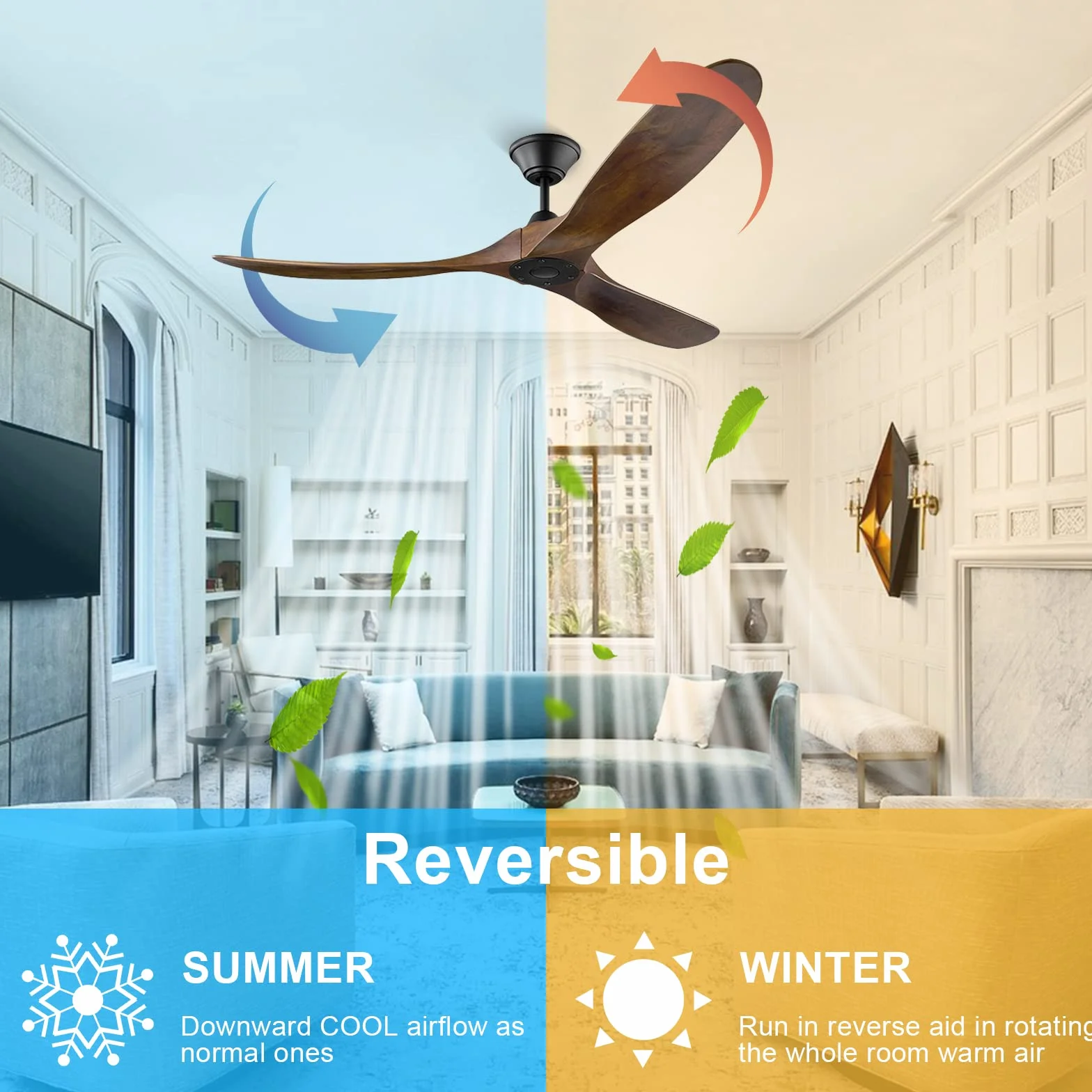 Ventilador de techo de madera sin luz/Función verano-invierno/Temporizador 1/4/8h / 6 velocidades/Ventilador de techo de bajo consumo para interiores y exteriores, Ø152 cm (60 pulgadas)