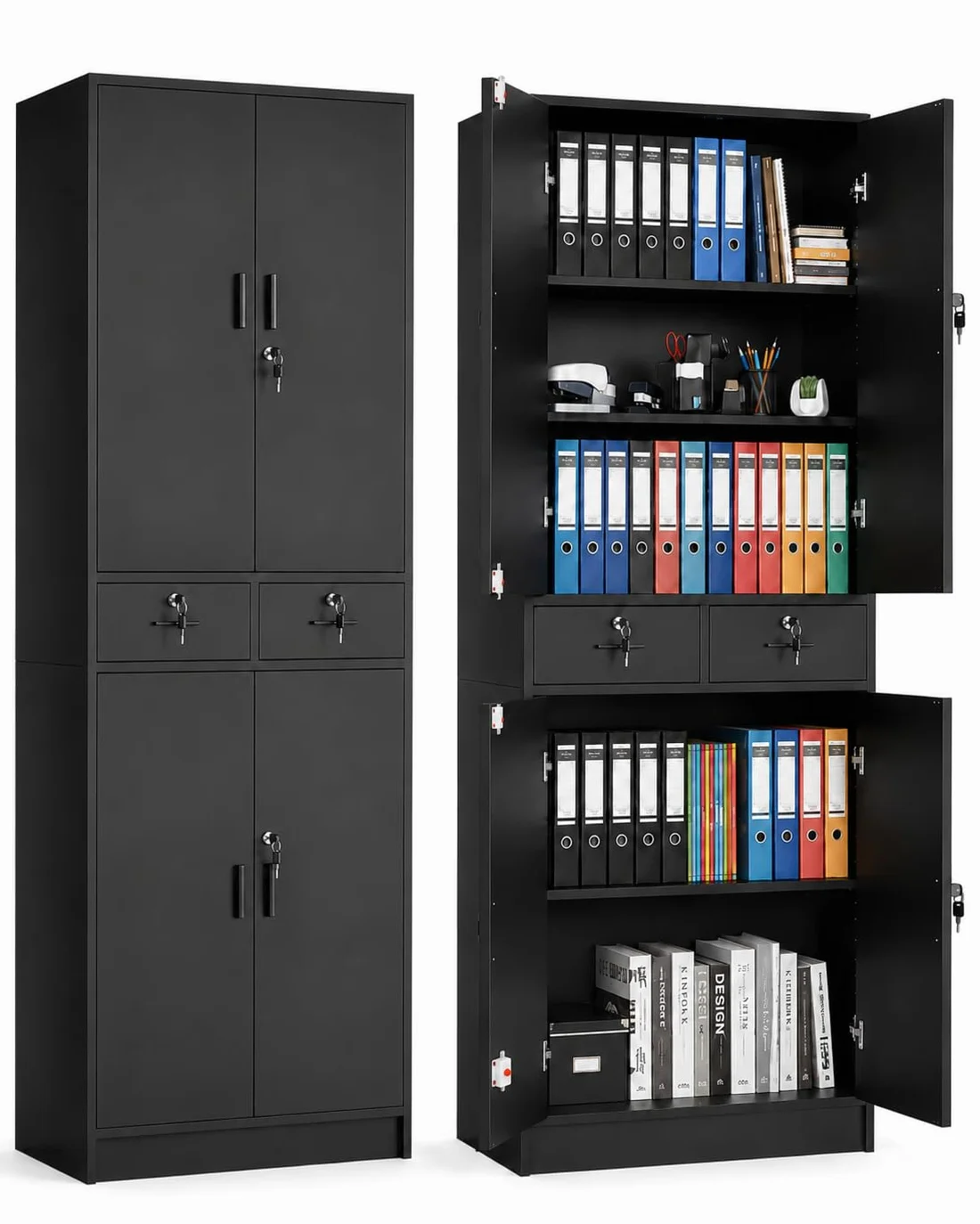 Archivador de 200 cm de Alto Armario Multiusos con 4 Puertas 2 Cajones 3 Estantes Ajustables Armario de Almacenaje con Cerradura para Casa Oficina y Garaje Negro 78 x 40 x 200 cm