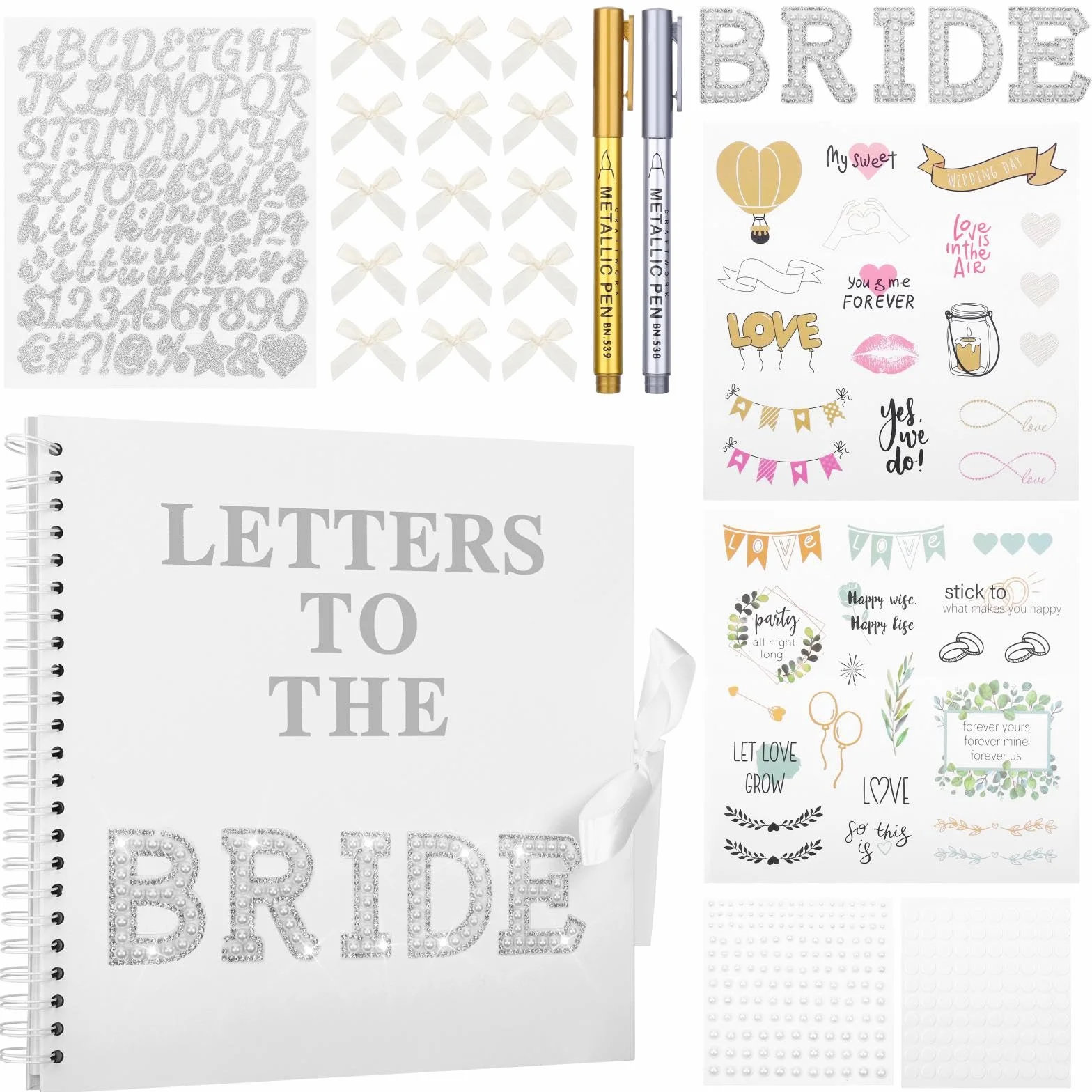 Wukfuiui Letters to the Bride - Álbum de recortes de 12 x 12 pulgadas, kit de álbum de fotos de boda, libro de invitados para novia con bolígrafos metálicos, calcomanías de perlas, libro de recuerdos