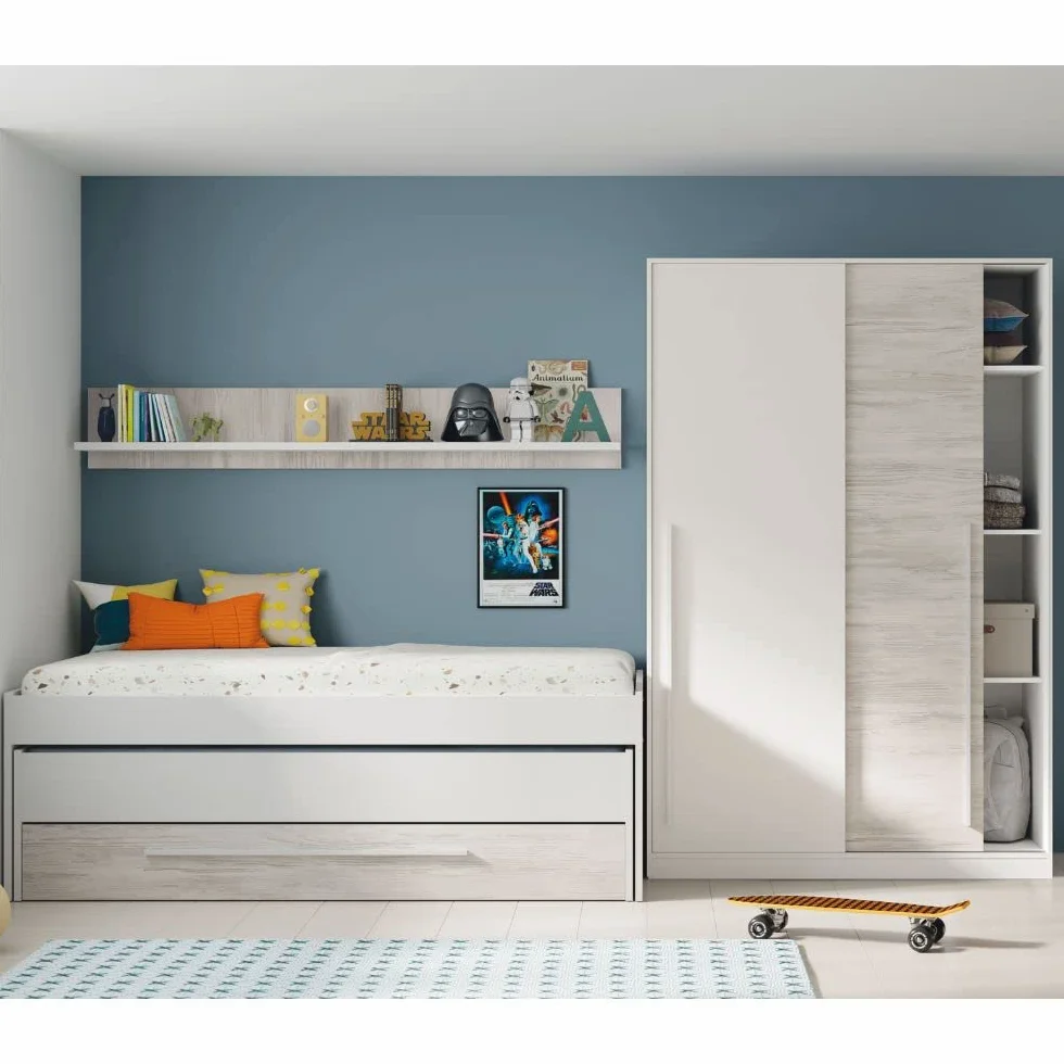Mobelcenter, Cama Nido Juvenil Elliot 2 Camas 1 Cajón 1 Estante, Cama Doble Juvenil con 2 Camas 1 Cajón, Color Blanco Artik y Blanco Velho, Medidas: Ancho: 199 cm x Fondo: 96 cm x Alto: 65 cm (1383)