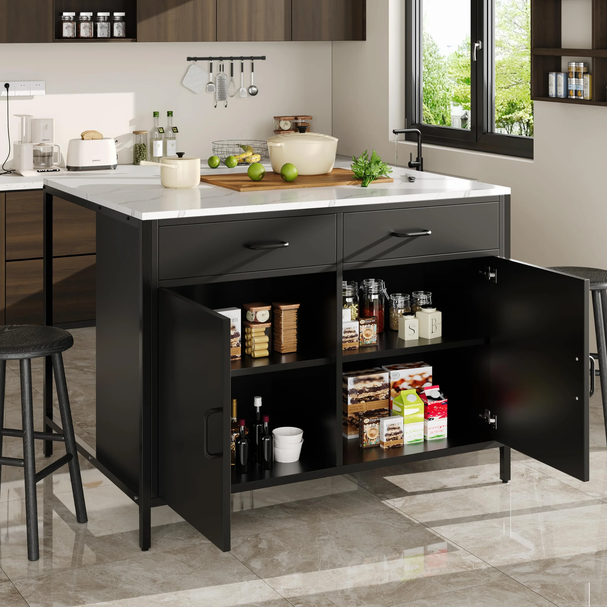 Isla de cocina, armario de cocina con 2 cajones, mesa de desayuno, bar, isla de cocina con estantes, isla de cocina, isla de cocina con encimeras de mármol, 100 x 90 x 90 cm, patas ajustables