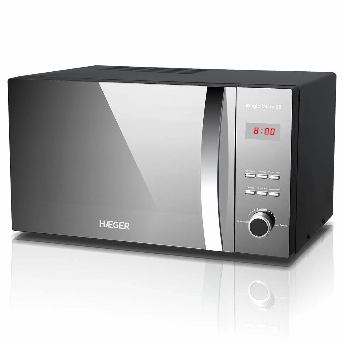 HAEGER MAGIC MICRO 26 - Microondas con 800W de potencia, capacidad de 26L - 5 niveles de potencia, función de descongelación, temporizador de 60 minutos, plato giratorio en vidrio de 27 cm