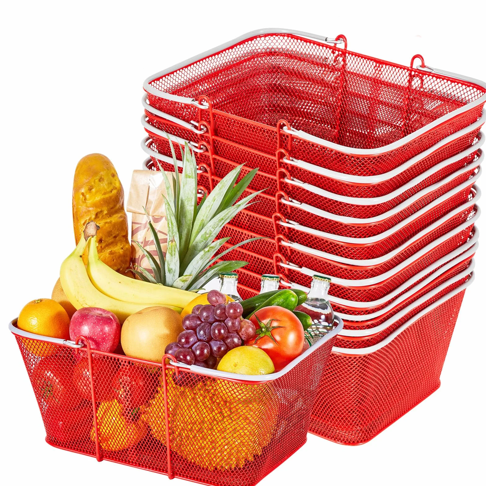 VEVOR Cestas de Compra con Asas 12 Piezas 42 x 32 x 19 cm, Apilables, de Metal, Estructura de Malla Densa, Capacidad de hasta 20 kg, para Supermercados, Tiendas, Librerías, Uso Doméstico, Rojo