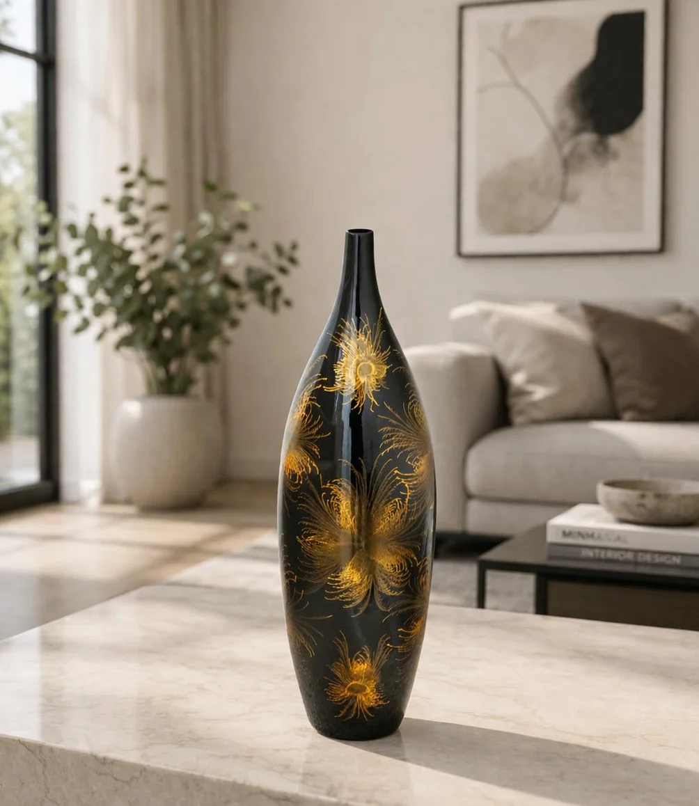 Elegante jarrón de cerámica negro con diseño de fuegos artificiales dorados, 51 cm, cuello estrecho, jarrón decorativo para sala de estar moderna decoración del hogar