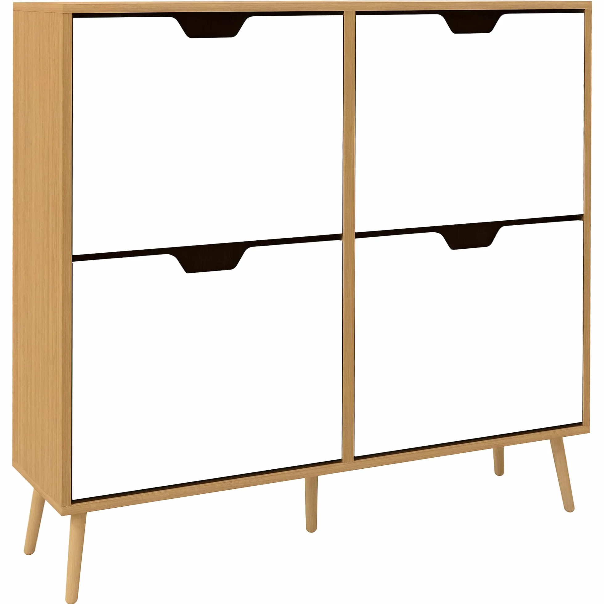 HOMCOM Zapatero Estrecho con 4 Cajones Abatibles, Zapatero Entrada Recibidor con Patas de Madera y Estantes Ajustables, para 16 Pares de Zapatos, para Pasillo, 95x26x95 cm, Blanco y Natural