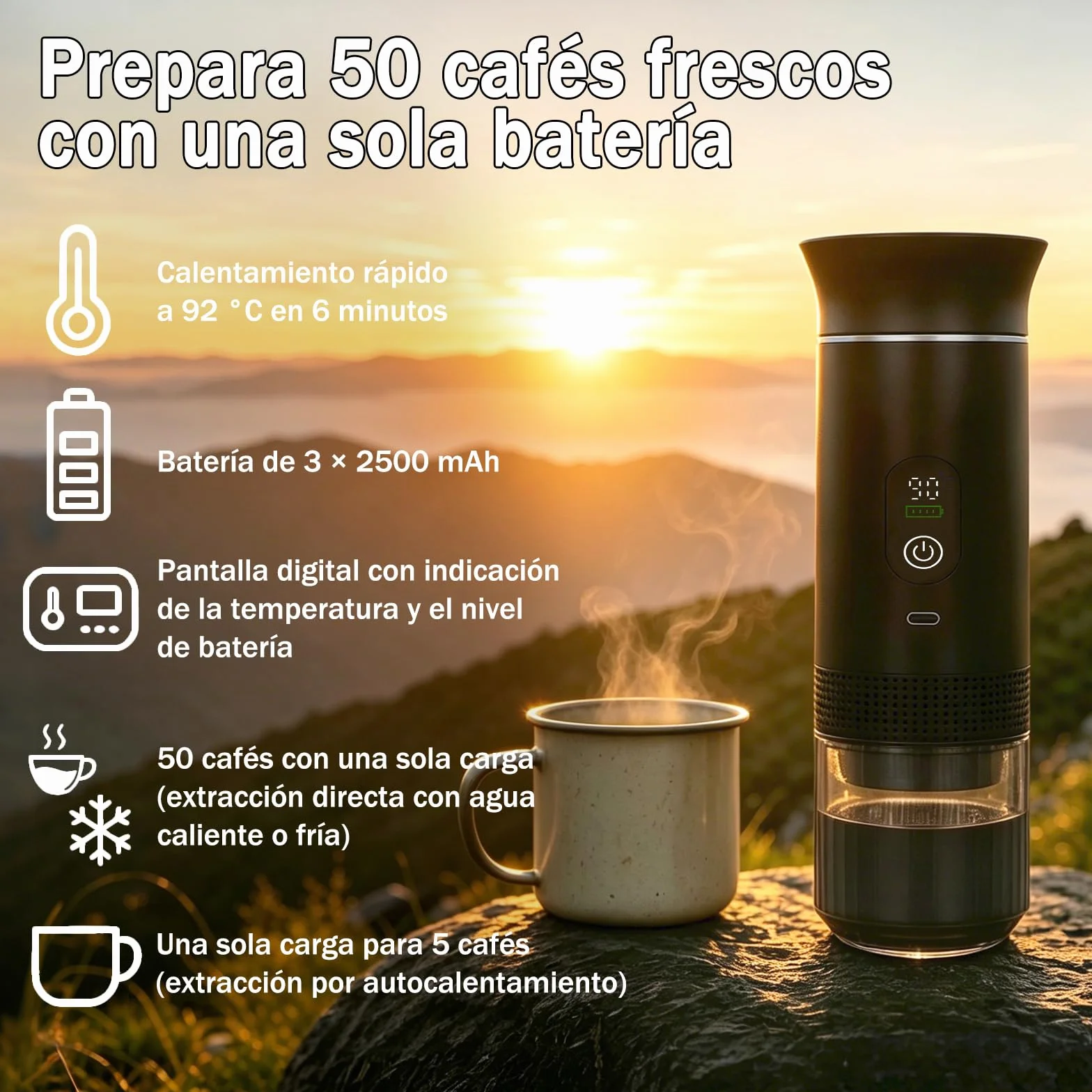 Nueva Cafetera de café espresso 3en1, para coche u oficina,Ideal para viaje | 20 bares, con pantalla LED,Máquina de café 80 ml compatible con cápsulas y café molido,Große Kaffeepulverschale (16 g)