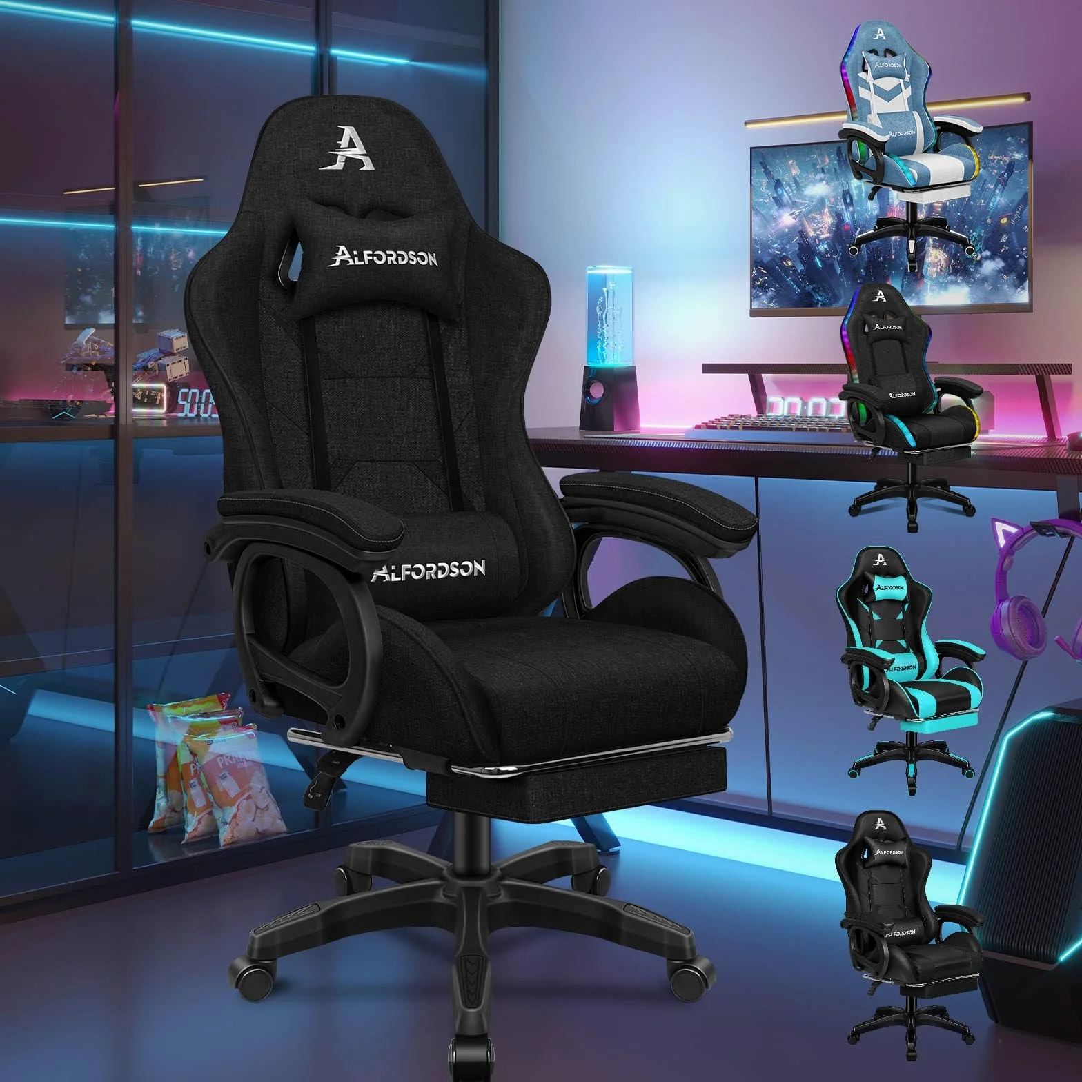 ALFORDSON Silla Gaming Oficina Reclinable con Masajeador, Silla Gamer Ergonómica con Cojín Lumbar y Cervical, Respaldo Alto Acolchado, Ideal Videojuego,Escritorio,Ordenador,Oficina, Lino(Negra)