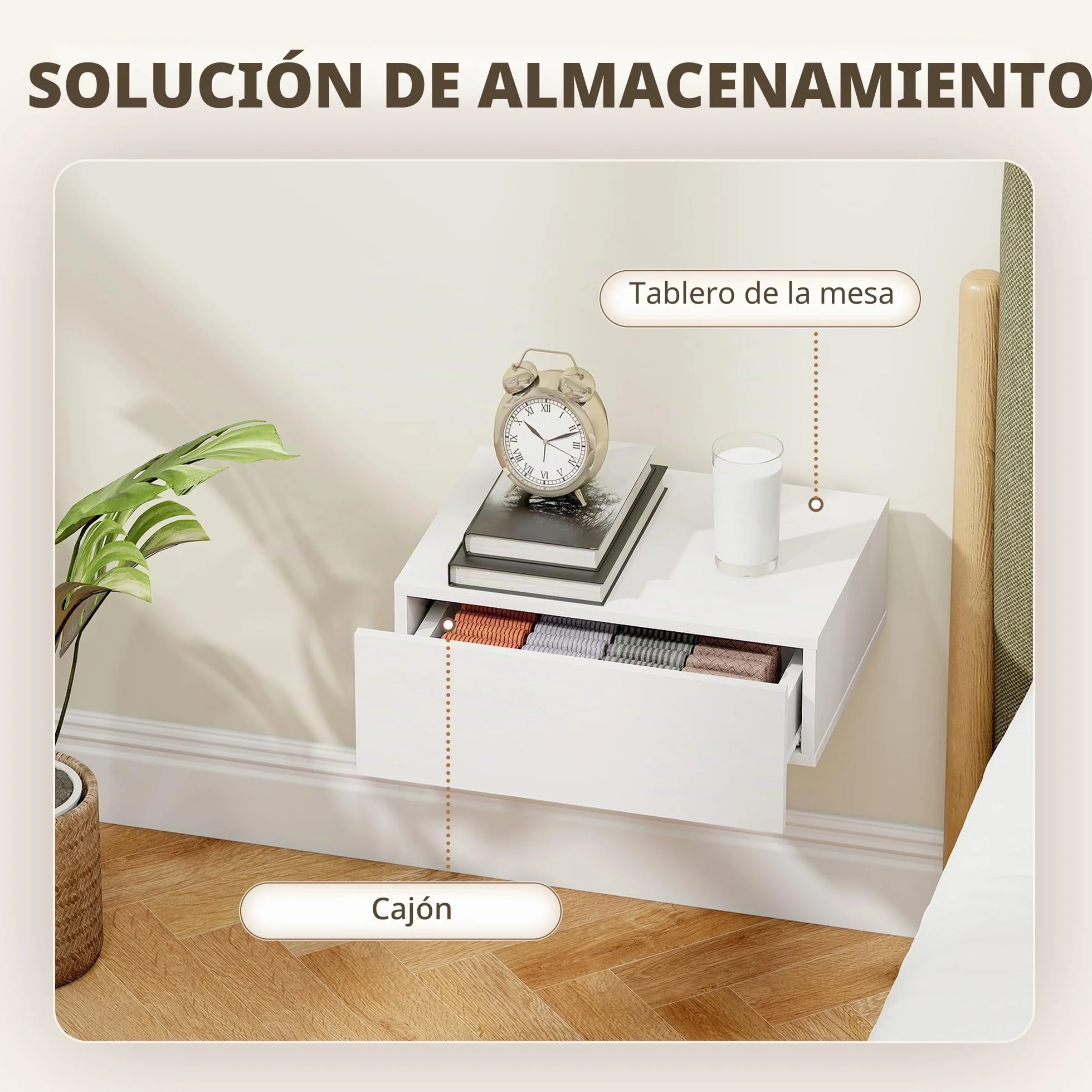 HOMCOM Set de 2 Mesitas de Noche Flotantes con 1 Cajón Diseño Montado en la Pared Estilo Moderno para Dormitorio 40x30x15 cm Blanco