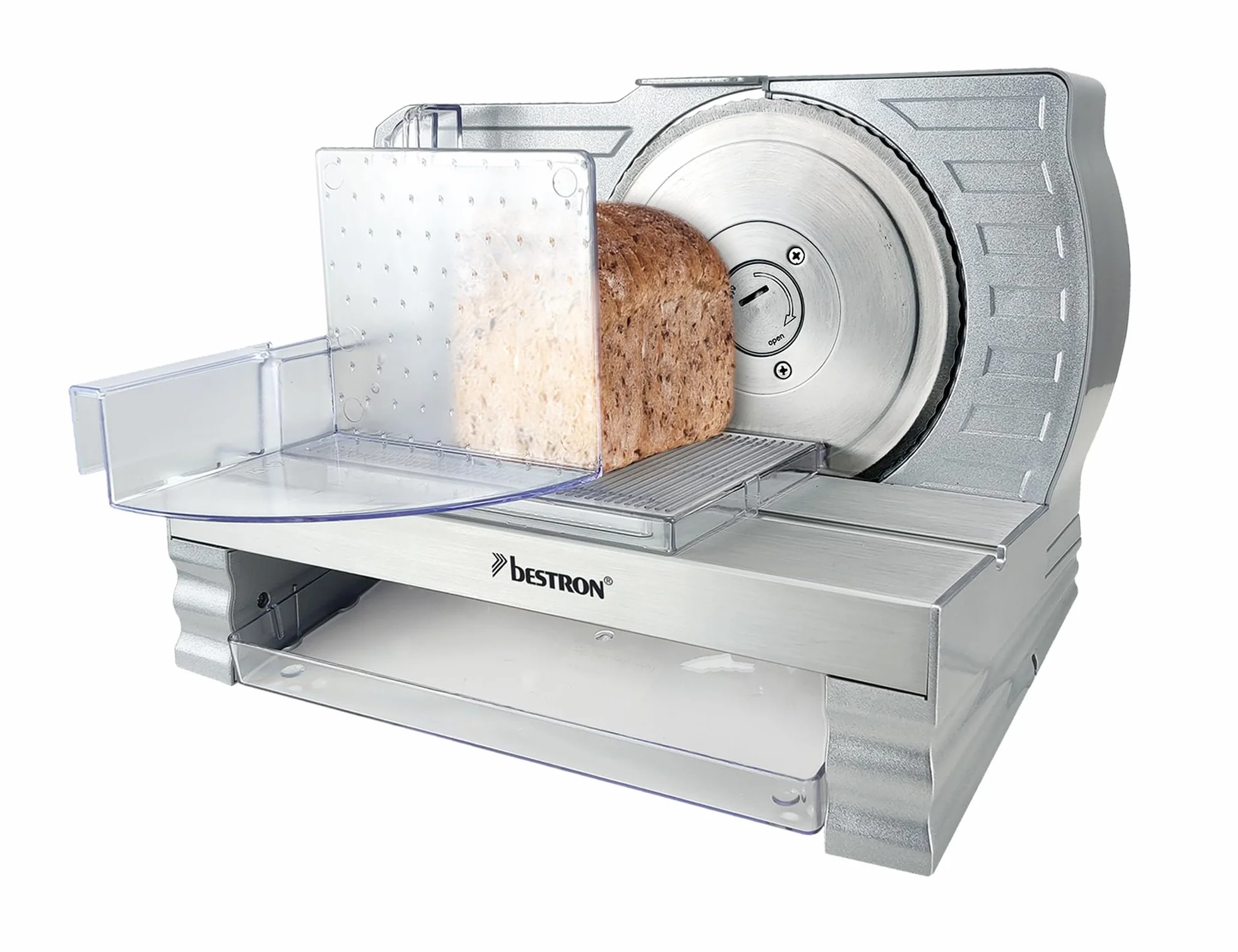 Bestron Cortador de pan con hoja de acero inoxidable RSG, fabricado en Alemania, ajuste de grosor de corte continuo de 0 a 20 mm, cortador con botón de cambio para funcionamiento automático y manual,