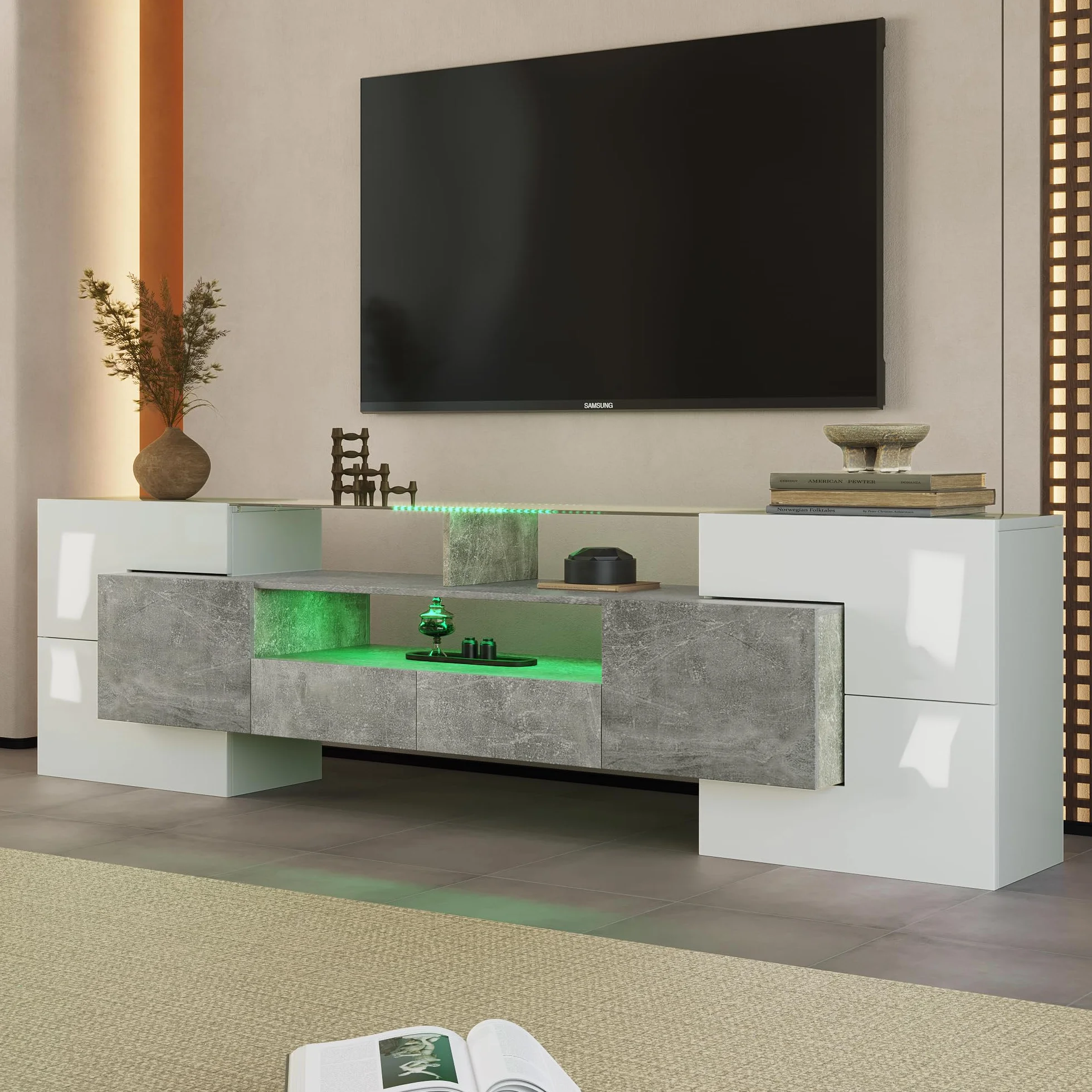 Mueble bajo para TV moderno, 200 cm de ancho, color blanco y gris, con iluminación LED RGB, 6 puertas y 2 cajones, armario multimedia para salón (gris + MDF + 60-69 pulgadas)