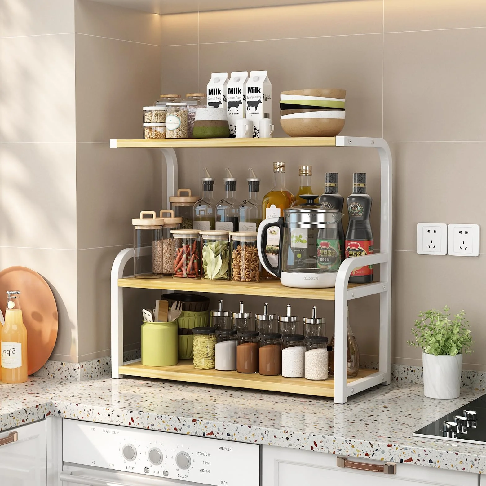 Estante organizador vertical de escritorio de oficina, estante organizador de estanterías, estantes de cocina, oficina, sala de estar, estantería de escritorio (blanco + nogal, 53 cm)