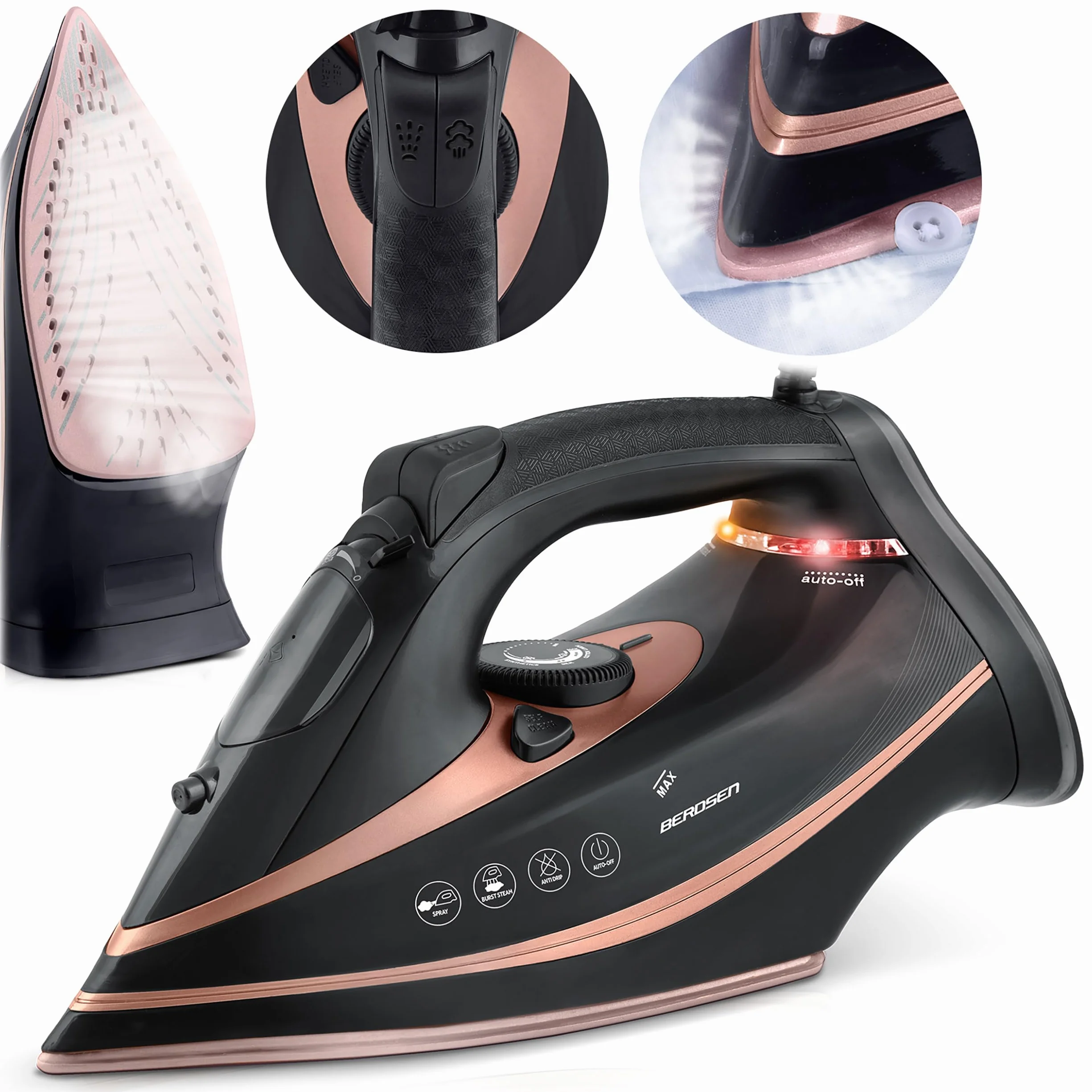 Berdsen Plancha de vapor, 3000 W, 10 en 1, con suela de cerámica, depósito de agua de 360 ml, doble golpe de vapor, color negro