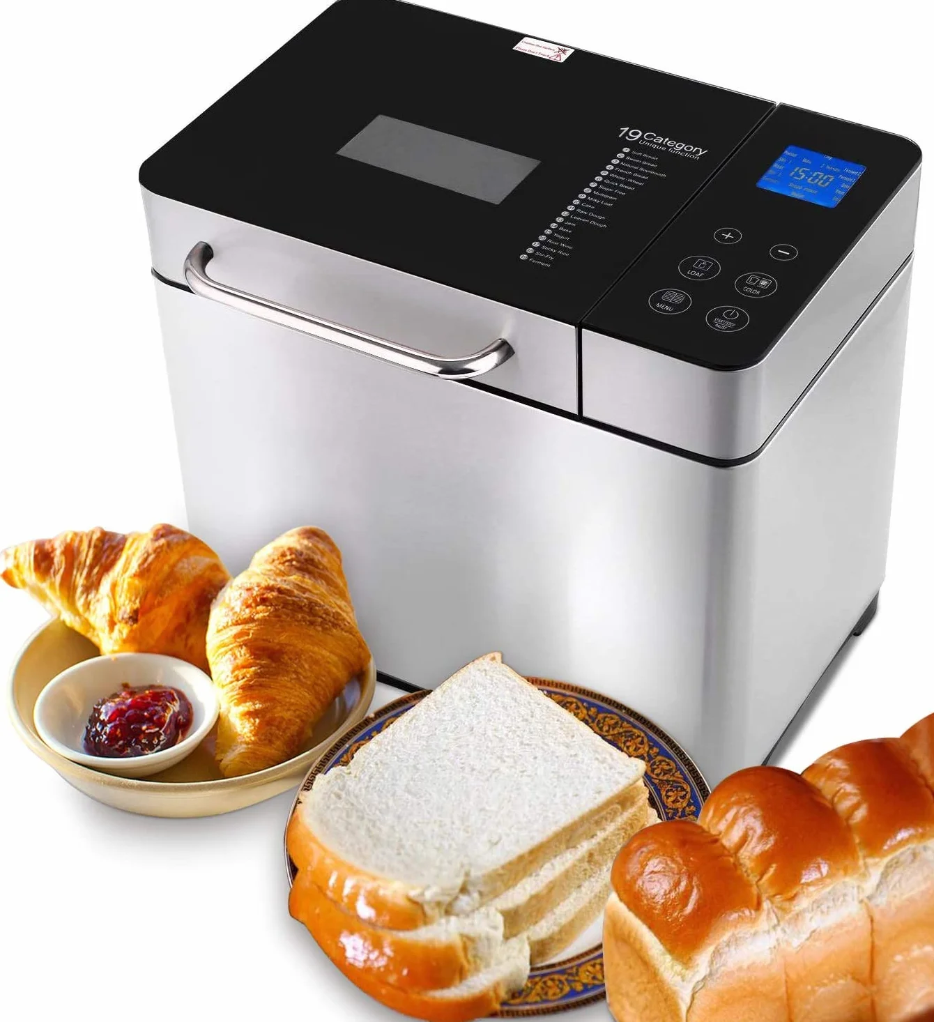 Panificadora de acero inoxidable, 19 programas de horneado, totalmente automática para 500 g, 750 g, 1000 g, 15 horas, función de conservación en caliente, 710 W