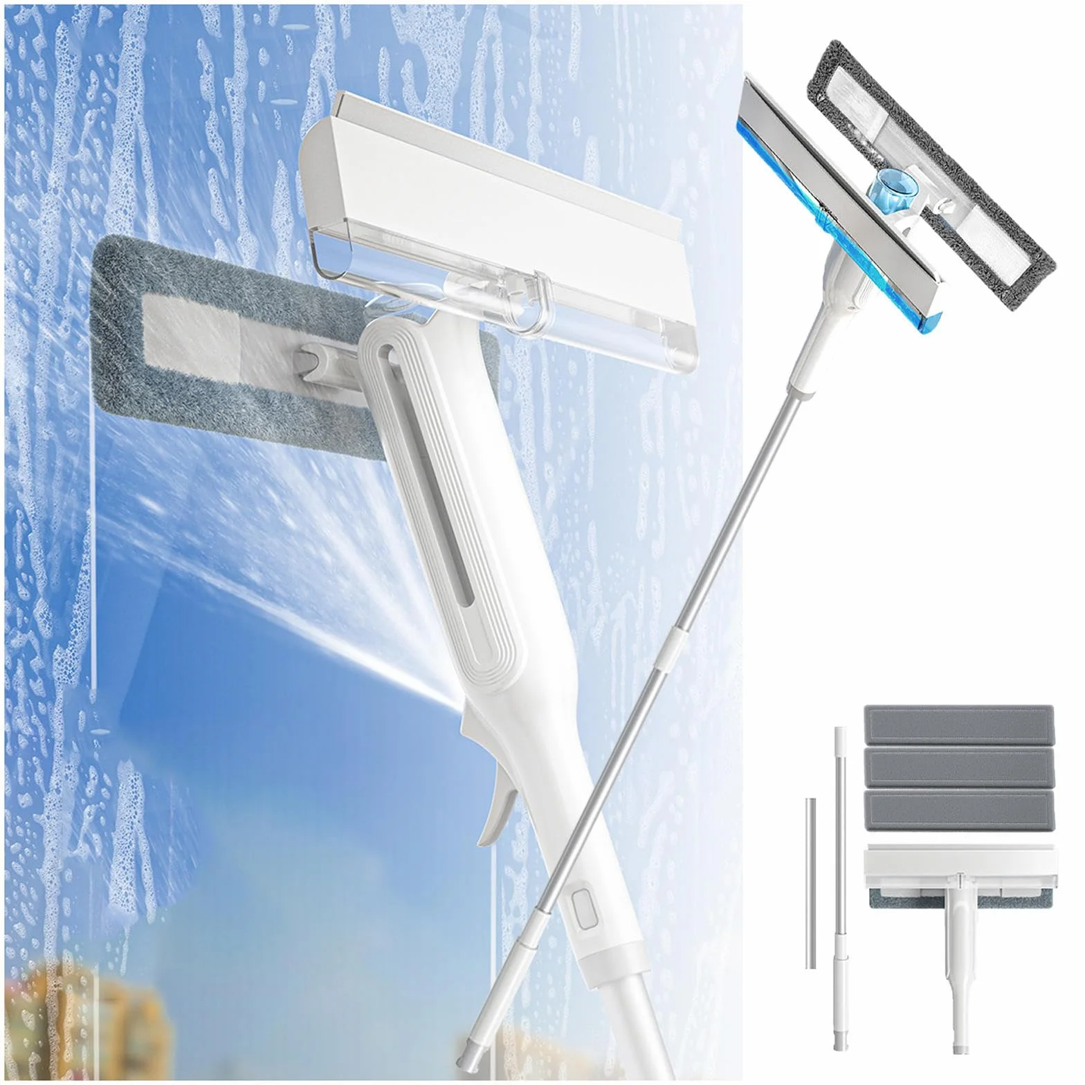 4 en 1 Spray Limpiacristales Coche con Colector De Aguas Residuales Y 3 Paños Microfibra, Limpiacristales Coche con Varilla De Extensión para Baños,Ventanas,Espejos
