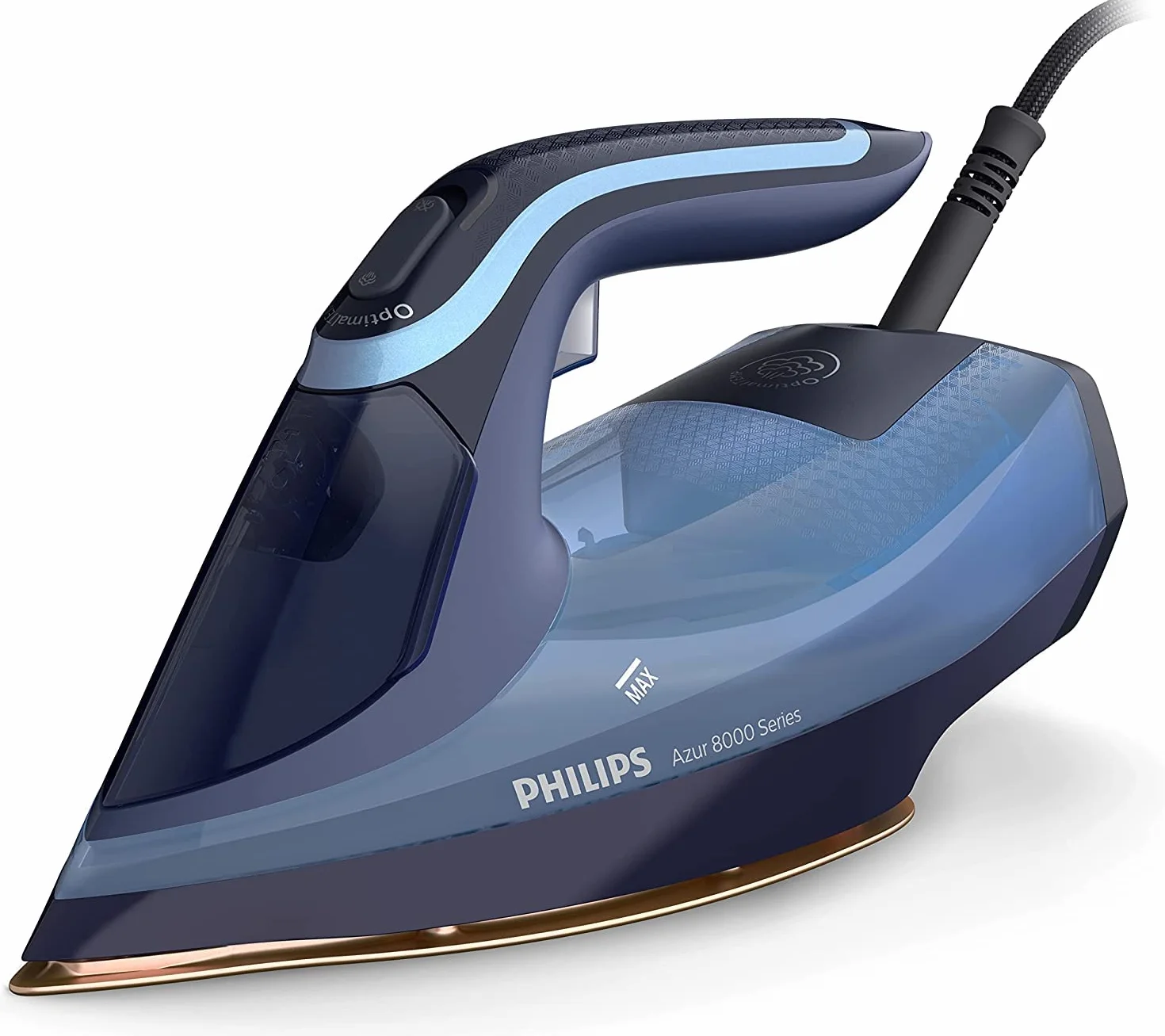 Philips Azur 8000 Plancha de Vapor, 3000W, depósito 300 ml, Azul Claro | Golpe de vapor 240g, 55g/min continuo, OptimalTEMP sin quemaduras, suela SteamGlide Elite, vapor vertical (DST8020/20)