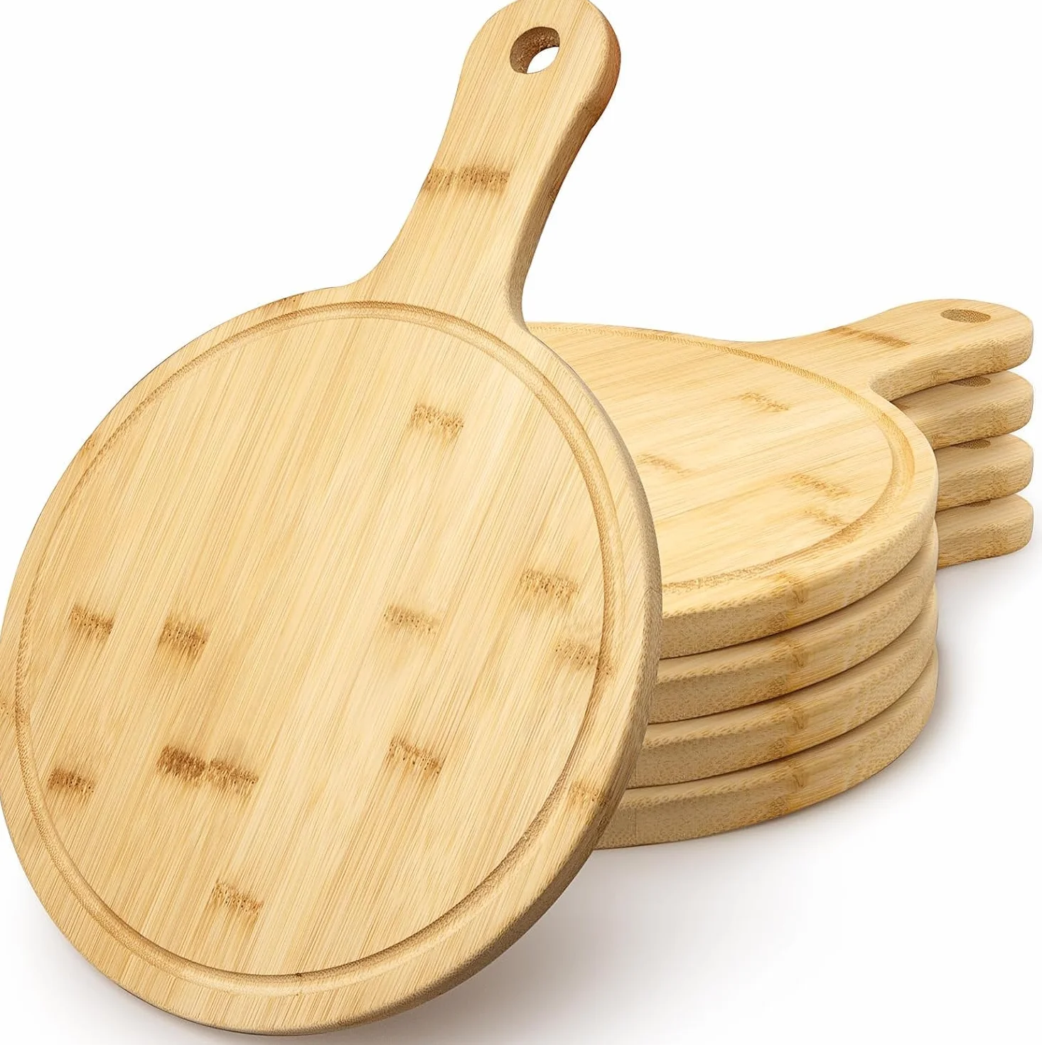 5 tablas de cortar de bambú con asa, tablas de servir redondas, tablas de cocina y tablas de madera para pizza, pan, queso, frutas, verduras, 40 x 28 cm